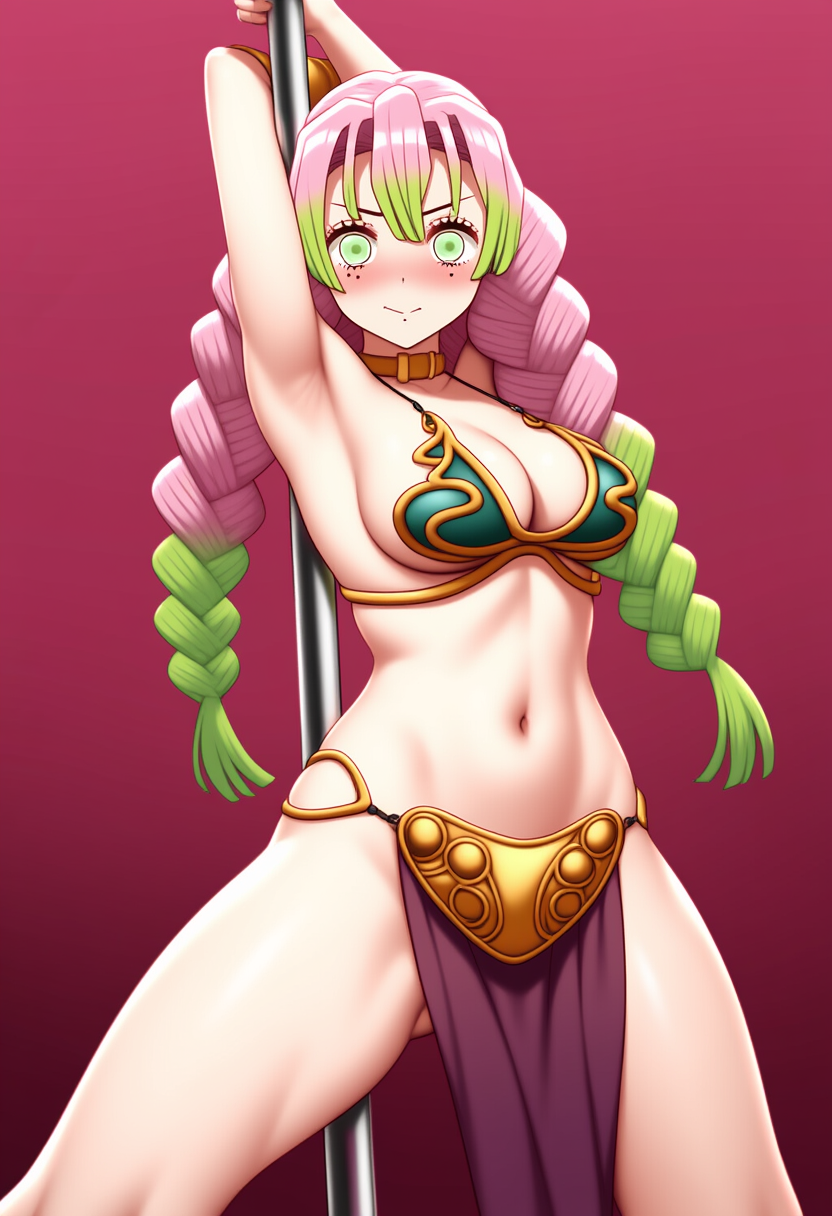 1girls, ai generated, blush, cleavage, crossover, crossover cosplay, demon slayer, female, kanroji mitsuri, kimetsu no yaiba, looking at viewer, novelai, pole dancing, slave bikini, slave leia (cosplay), star wars, stripper pole