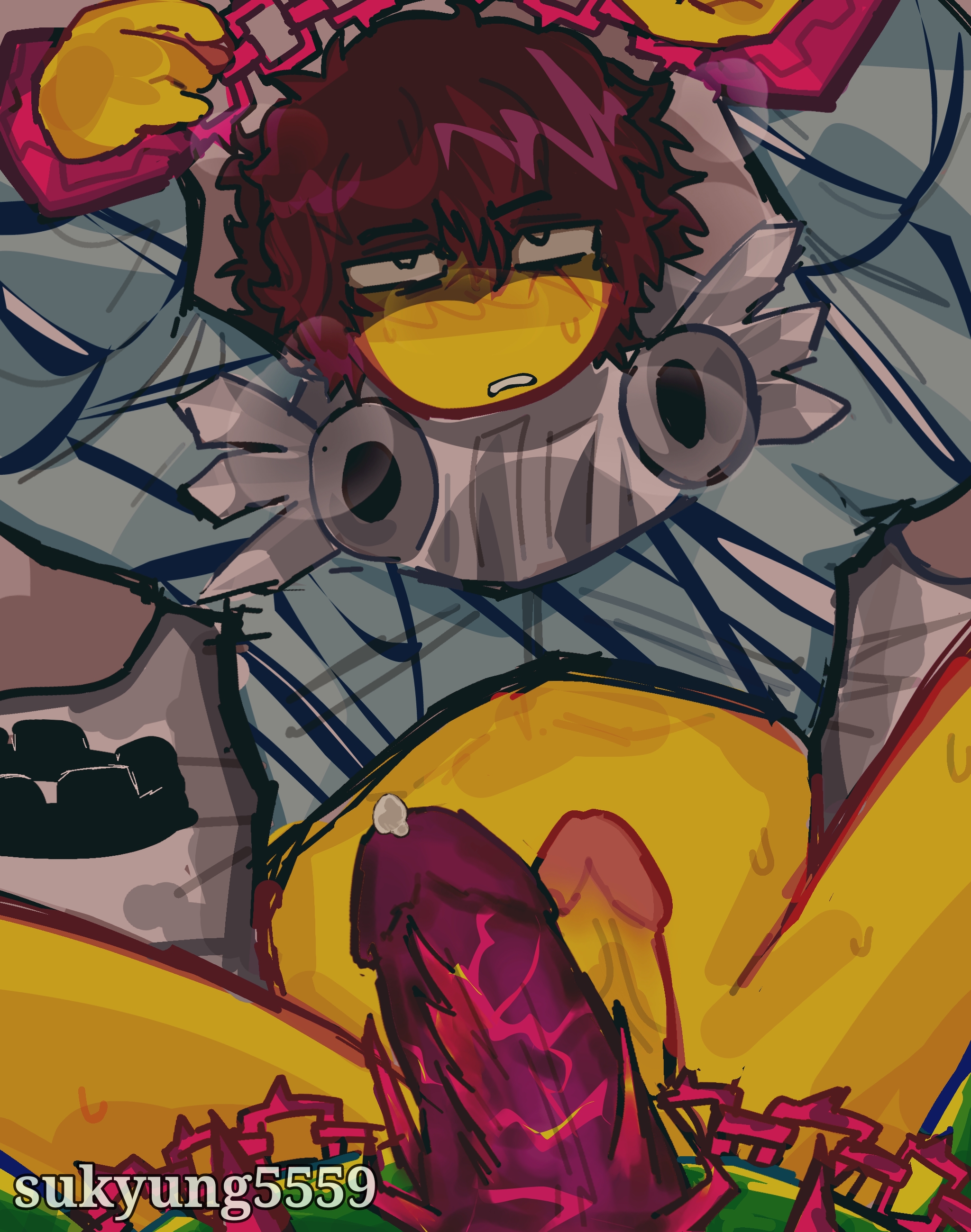 1x1x1x1, 1x1x1x1 (forsaken), 2boys, 2d, 2d (artwork), 2d artwork, artist name, bottomless male, brown hair, chained wrists, chains, digital drawing (artwork), digital media (artwork), forsaken (roblox), gay, hands above head, imminent sex, penis, penis size difference, roblox, roblox game, robloxian, self upload, shedletsky, shedletsky (forsaken), spread legs, sukyung5559, tagme, watermark, yellow skin