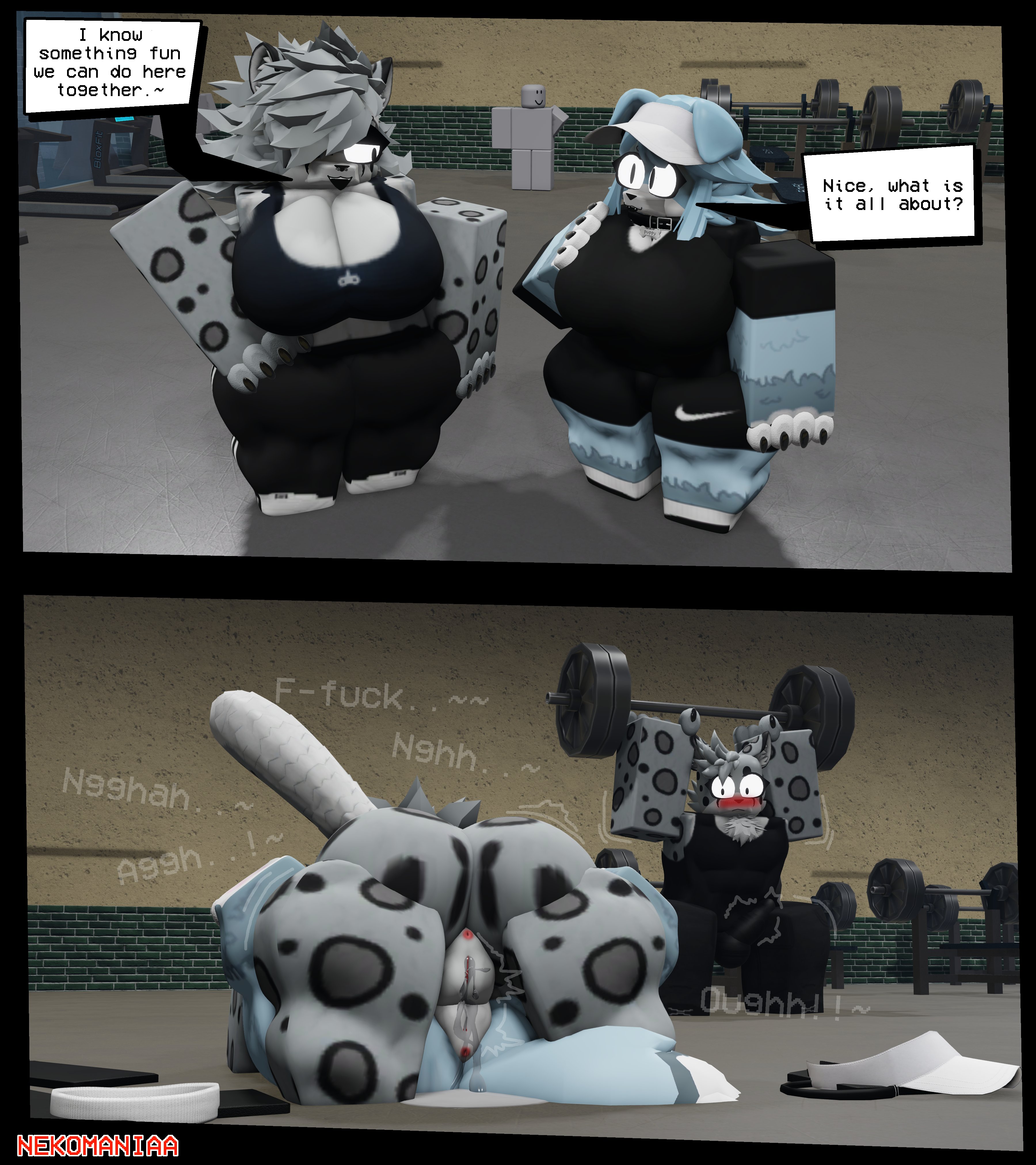 1boy, 2girls, 3d, blush, canine, erection, feline, female, female focus, furry, furry only, gym, leopard, lesbian sex, nekomaniaa, no homo, public, pussy, pussy juice, roblox, roblox avatar, robloxian, snow leopard, tagme, tribadism