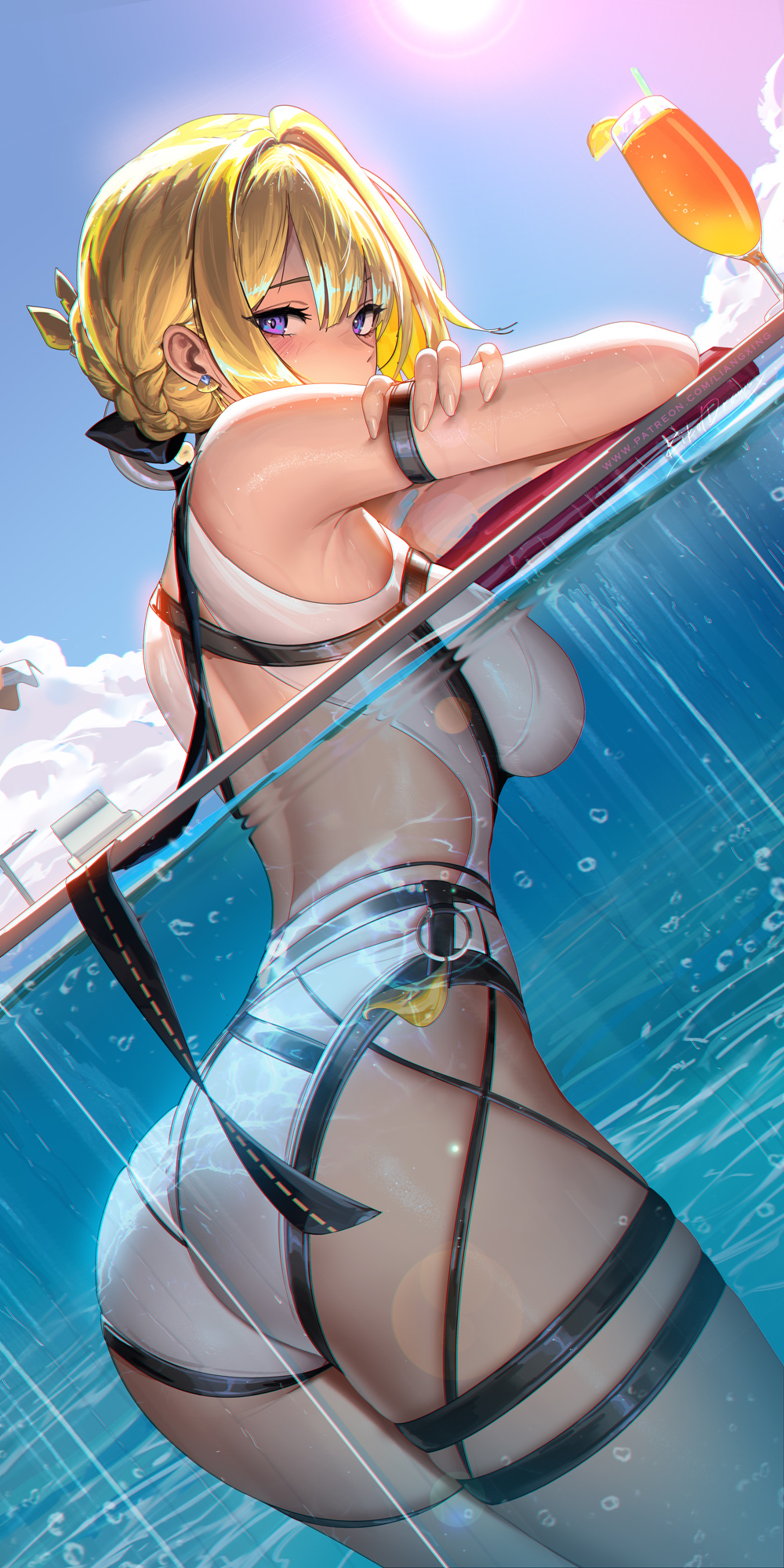 arm rest, arm strap, armpit crease, ass, blonde hair, blue sky, breasts, cloud, cup, day, drinking glass, drinking straw, dutch angle, evelyn chevalier, female, female only, highres, large breasts, lens flare, liang xing, one-piece swimsuit, outdoors, partially submerged, pool, purple eyes, sky, sunlight, swimsuit, thigh strap, water, white one-piece swimsuit, zenless zone zero
