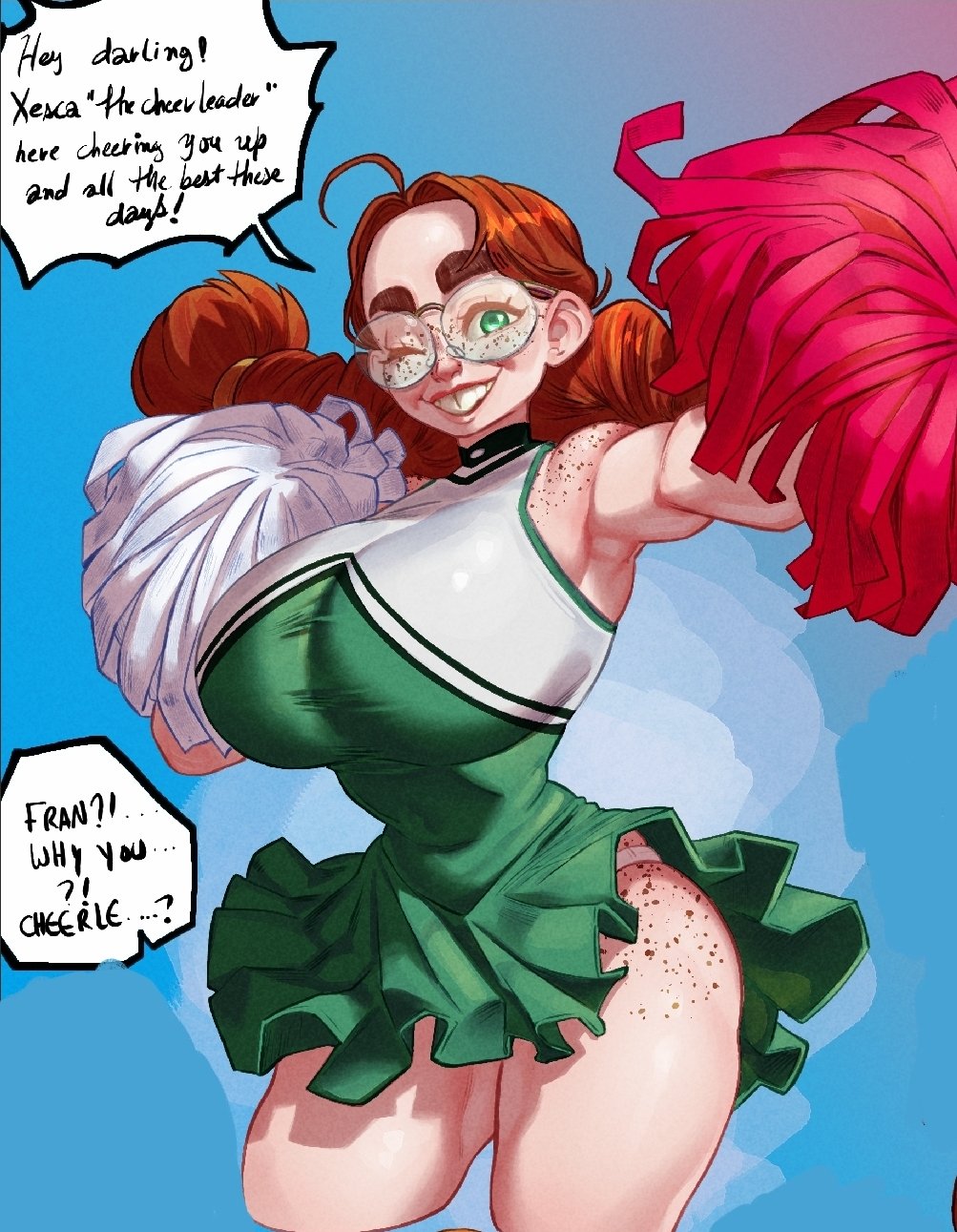 1girls, big eyebrows, big teeth, braid, braided hair, breasts, buckteeth, cheerleader, cropped legs, eyebrows, female, francesca faraday, freckles, freckles on face, glasses, green dress, green eyes, huge breasts, looking at viewer, lukex8a, minidress, nerd, nerdy female, one eye closed, orange hair, original, pom poms, red hair, redhead, redhead female, redheaded female, short dress, smile, twin braids, wink