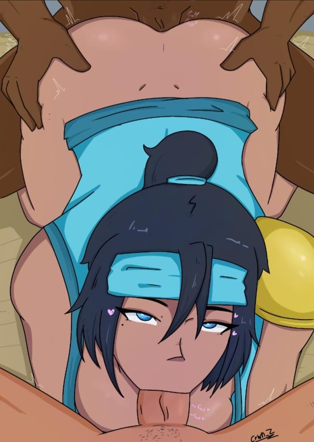 bandana black_hair blowjob blue_bandana blue_eyes from_behind mole_under_eye ninjago ninjago:_dragons_rising nya_(ninjago) shoulder_armor spitroast threesome