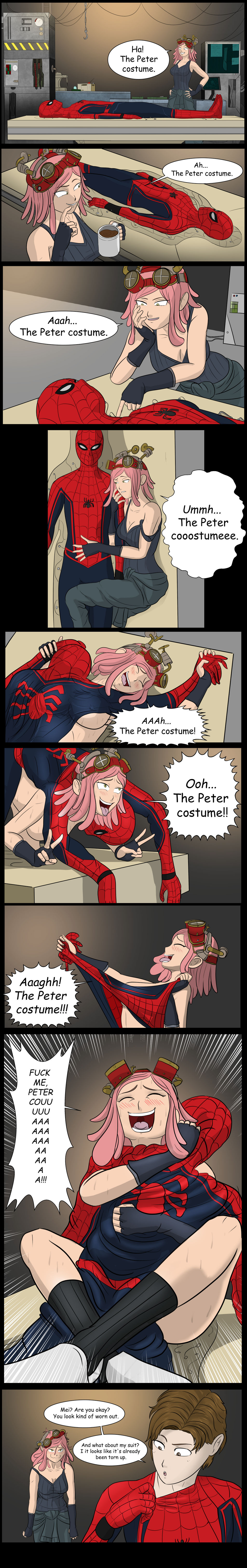 1boy, 1girls, big breasts, boku no hero academia, breasts, brown hair, crossover, dry humping, eastern and western character, female, humping, humping object, looking pleasured, marvel, marvel comics, masturbating, masturbation, masturbation with clothes, mei hatsume, my hero academia, naked, naked female, peter parker, pink hair, pink-haired female, sex, sex from behind, spider-man (series), symptom99