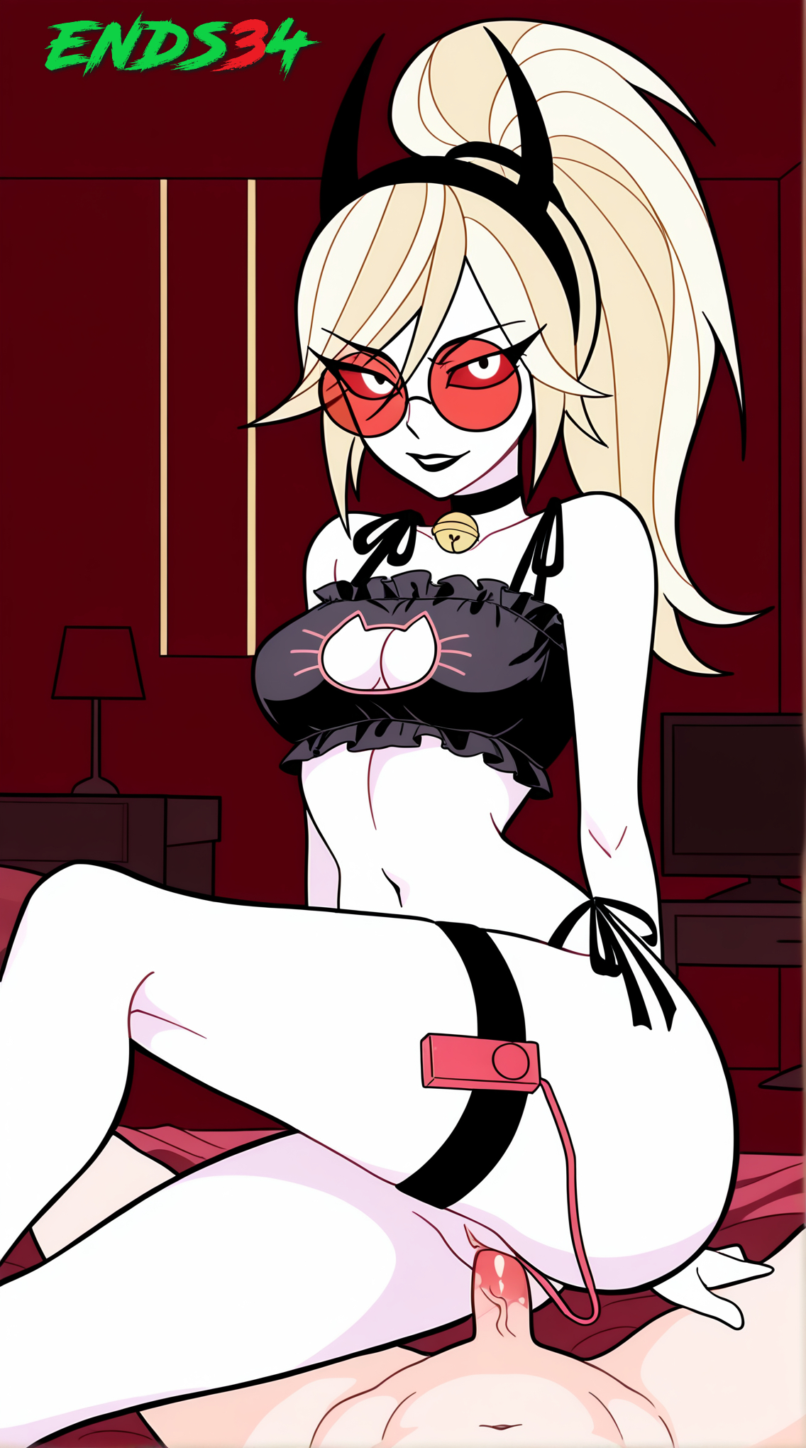 ai generated, blonde hair, cat girl, crossed legs, ends34, female, female focus, glasses, hazbin hotel, male, odette (hazbin hotel), penis, ponytail, pussy, red eyes, sex, smile, vaginal penetration, vaginal sex, white body
