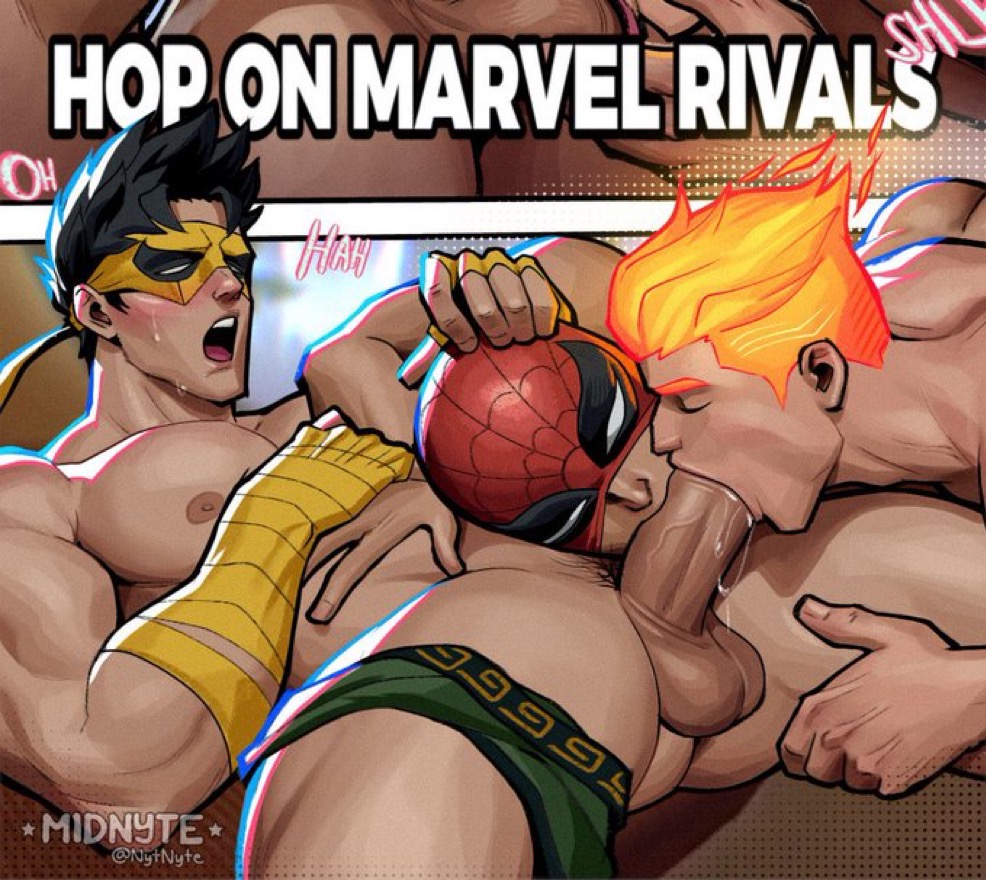 3boys, ass, blowjob, gay, human torch, human torch (marvel rivals), iron fist, iron fist (marvel rivals), johnny storm, lin lie, marvel, marvel comics, marvel rivals, midnyte, penis, peter parker, spider-man, spider-man (marvel rivals), spider-man (series), yaoi