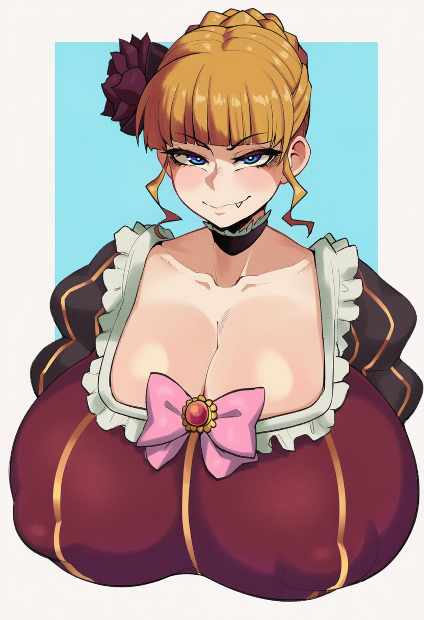 ai generated, beatrice (umineko), big breasts, breasts, cleavage, cleavage overflow, fang, female, goghkunn, huge breasts, large breasts, protruding nipples, smug, umineko no naku koro ni