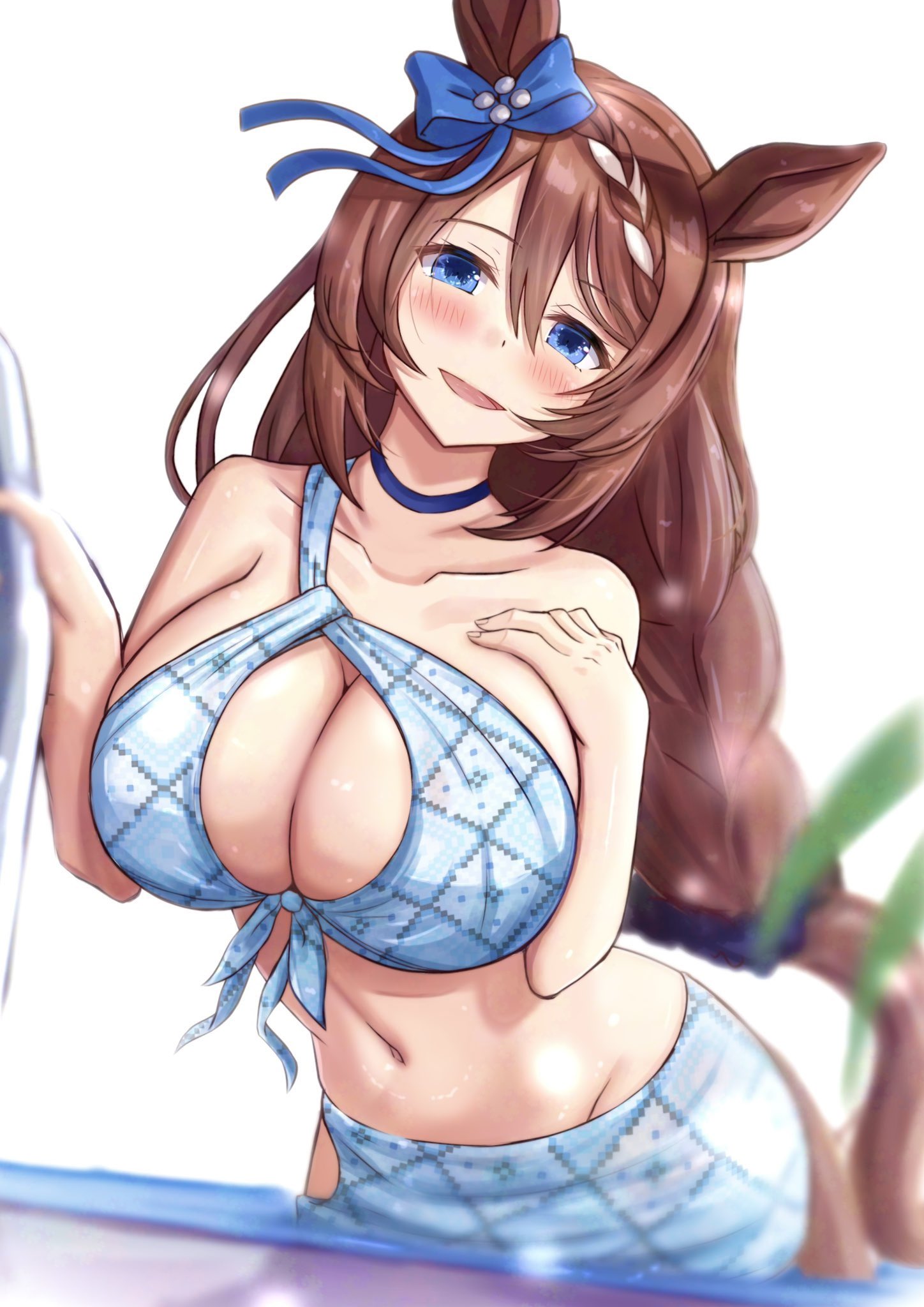 animal ears, bare shoulders, bikini, blue bikini, blue choker, blue eyes, blush, bow, braid, breasts, brown hair, choker, cleavage, collarbone, ear bow, female, hair between eyes, highres, horse ears, horse girl, horse tail, large breasts, long hair, looking at viewer, midriff, multicolored hair, navel, open mouth, pool, pool ladder, rio (lio yuzu), smile, solo, stomach, streaked hair, super creek (umamusume), swimsuit, tail, umamusume, very long hair, water, white hair