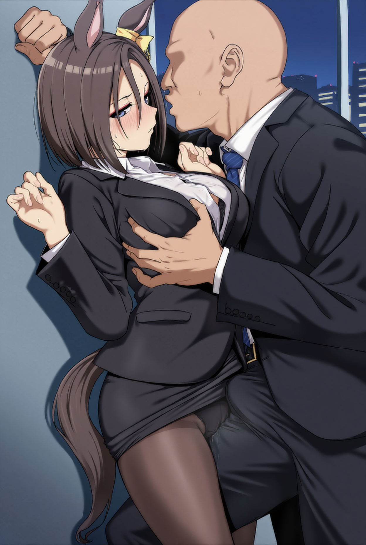 ai generated, air groove (umamusume), animal ears, black hair, blue eyes, blunt cut, breasts, embarrassed, eyebrows, female, grabbing breasts, hair accessory, office lady, sexual harassment, suit, umamusume, umamusume pretty derby