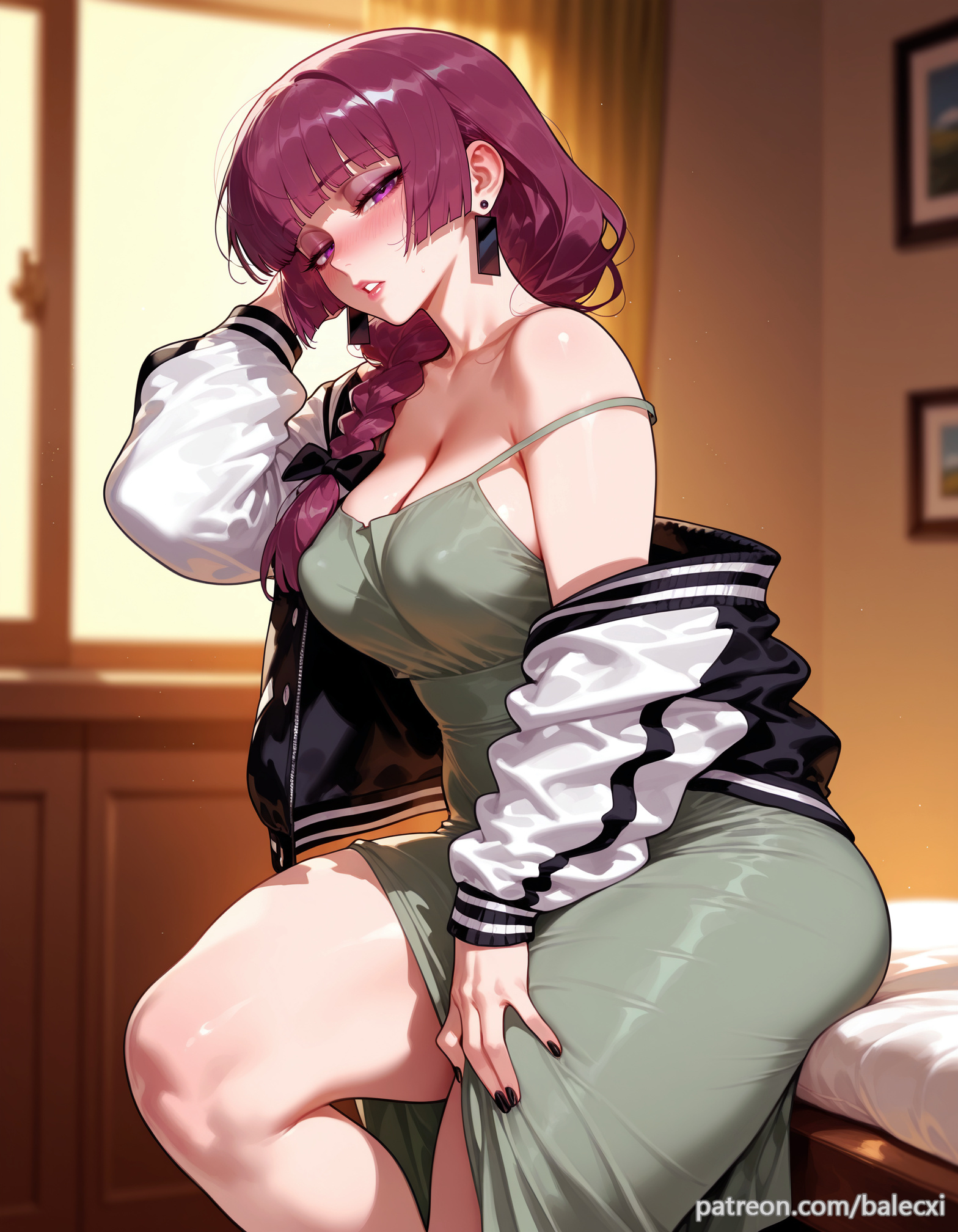 ai generated, balecxi, black nails, blunt bangs, blush, bocchi the rock!, braid, cleavage, covered nipples, earrings, female, green dress, hiroi kikuri, indoors, jewelry, large breasts, long hair, looking at viewer, nail polish, off shoulder, open clothes, open jacket, parted lips, patreon username, purple eyes, purple hair, sitting, solo, strap slip, thick thighs