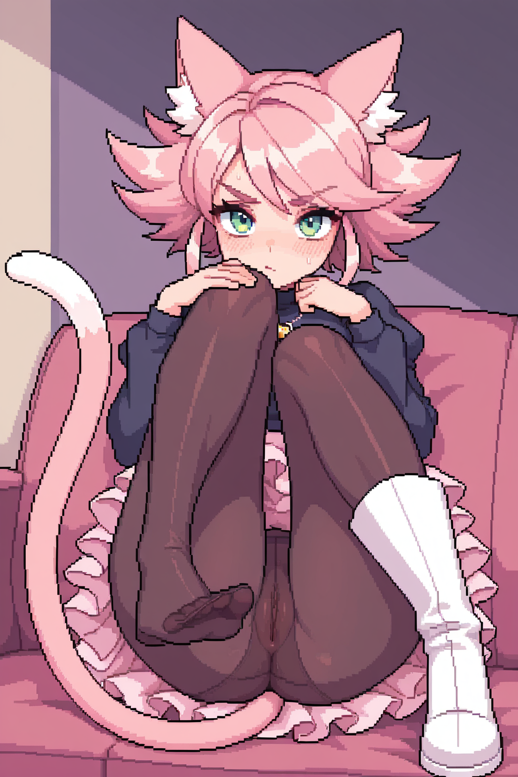 1female, 1girl, 1girls, ai generated, boot fetish, boots, boots female, cat ears, cat girl, cat tail, comfyui, deltarune, deltarune chapter 5, female only, foot fetish, high boots, mad mew mew, medium breasts, pantyhose, pink (deltarune), pink hair, pixel art, pussy, pussy visible through clothes, skirt, skirt up, stable diffusion, thighs, vagina