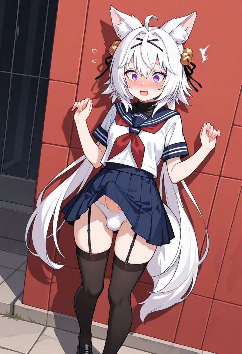 1boy, accidental erection, accidental exposure, ai generated, animal ear fluff, animal ears, balls, balls in panties, blue skirt, blush, erection under skirt, femboy, filian, filian (vtuber), flustered, indie virtual youtuber, male, purple eyes, rule 63, school uniform, shocked expression, skirt, skirt lift, tail, thighhighs, virtual youtuber, vtuber, white hair