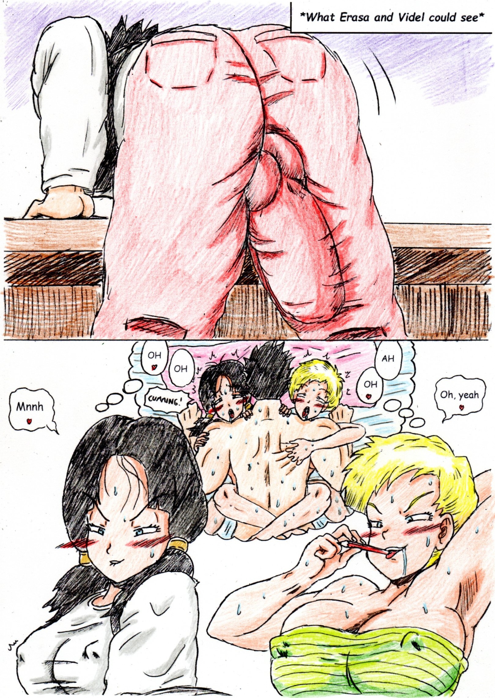 1boy, 2girls, biting lip, biting pen, black hair, black-haired female, blonde female, blonde hair, blue eyes, bulge, bulge through clothing, cameltail, clothed female, clothed male, color, detailed bulge, dragon ball, dragon ball z, drooling, english text, erasa, erect nipples under clothes, female, full color, imagining, long hair, long-haired female, male, missionary position, nipple bulge, nude female, nude male, penetration, penis under clothes, sex, short hair, son gohan, thewritefiction, threesome, tubetop, twintails, videl, videl (long hair)