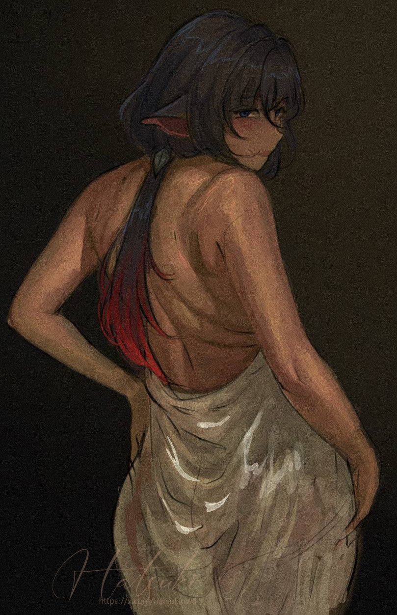 artistic, artistic nude, bare shoulders, beautiful, digital drawing (artwork), digital media (artwork), female, female focus, female only, hatsukiowil, jane doe (zenless zone zero), looking at viewer, looking back, no visible genitalia, pinup, posing, posing for picture, posing for the viewer, solo, solo female, solo focus, tasteful, tasteful nudity, zenless zone zero