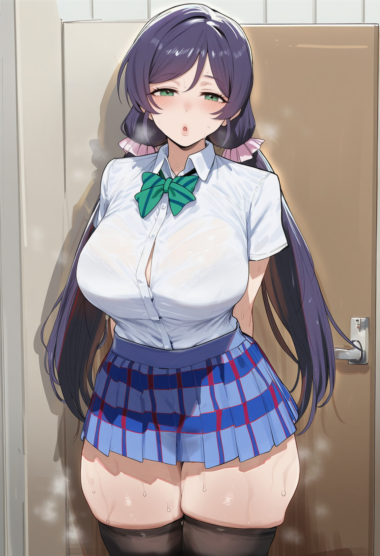 1girls, ai generated, big breasts, breasts, female, female focus, green eyes, huge breasts, large breasts, light-skinned female, love live!, love live! school idol project, purple hair, school uniform, skirt, toujou nozomi, white shirt