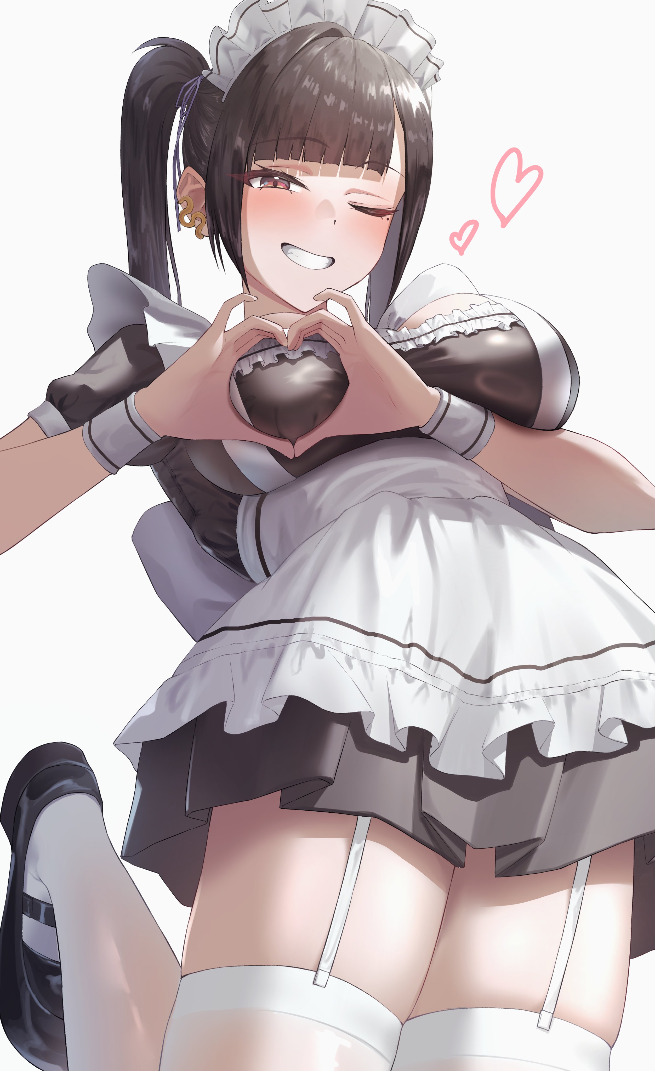 absurdres, alternate costume, apron, ars rg0412, black hair, black shoes, breasts, female, female only, from below, garter straps, heart, heart hands, highres, large breasts, light blush, looking at viewer, maid, maid apron, maid headdress, mole, mole under eye, shoes, solo, sora (nikke), thighhighs, twintails, white background, white garter straps, white thighhighs