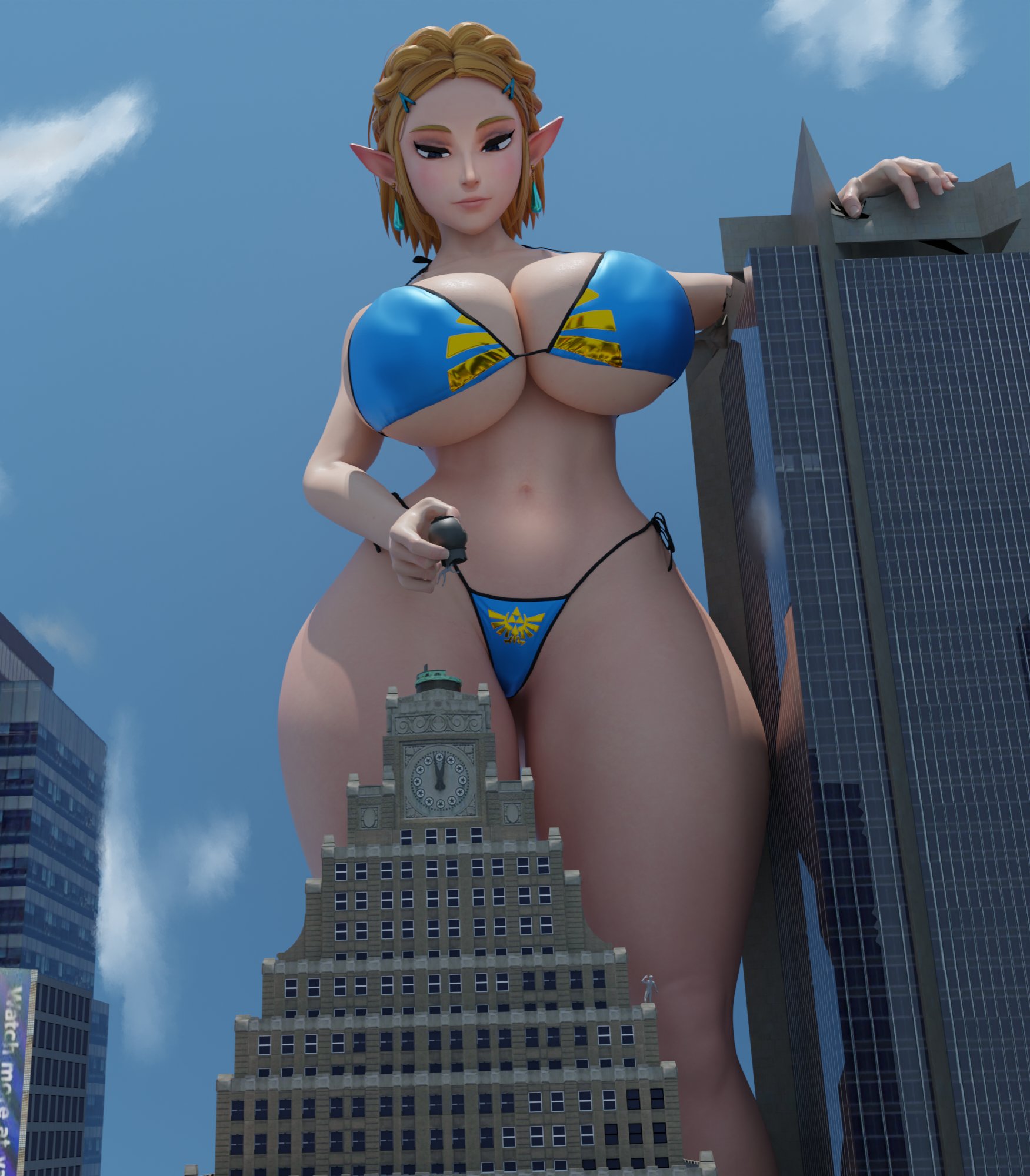 1girls, 3d, 3d (artwork), anon, ass, big ass, big breasts, big butt, bikini, blonde female, blonde hair, blonde-haired female, blue bikini, breasts, building, buildings, city, elf ears, female, giant breasts, giantess, huckleberry8181, huge ass, huge boobs, huge breasts, huge butt, nintendo, princess zelda, princess zelda (scrag boy), scrag boy (model), smirking, tears of the kingdom, the legend of zelda, thick thighs, zelda (tears of the kingdom)