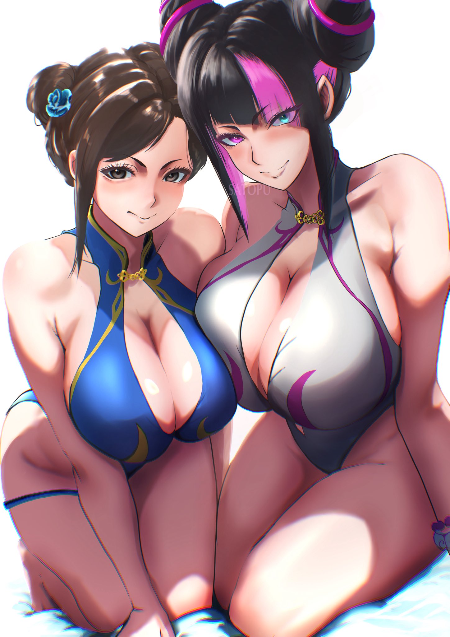 2girls, bangs, bare shoulders, bikini, black hair, breasts, brown hair, chun-li, cleavage, double bun, female, female only, han juri, juri han, large breasts, looking at viewer, multiple females, multiple girls, one-piece swimsuit, smile, street fighter, street fighter 6, swimsuit, thighs