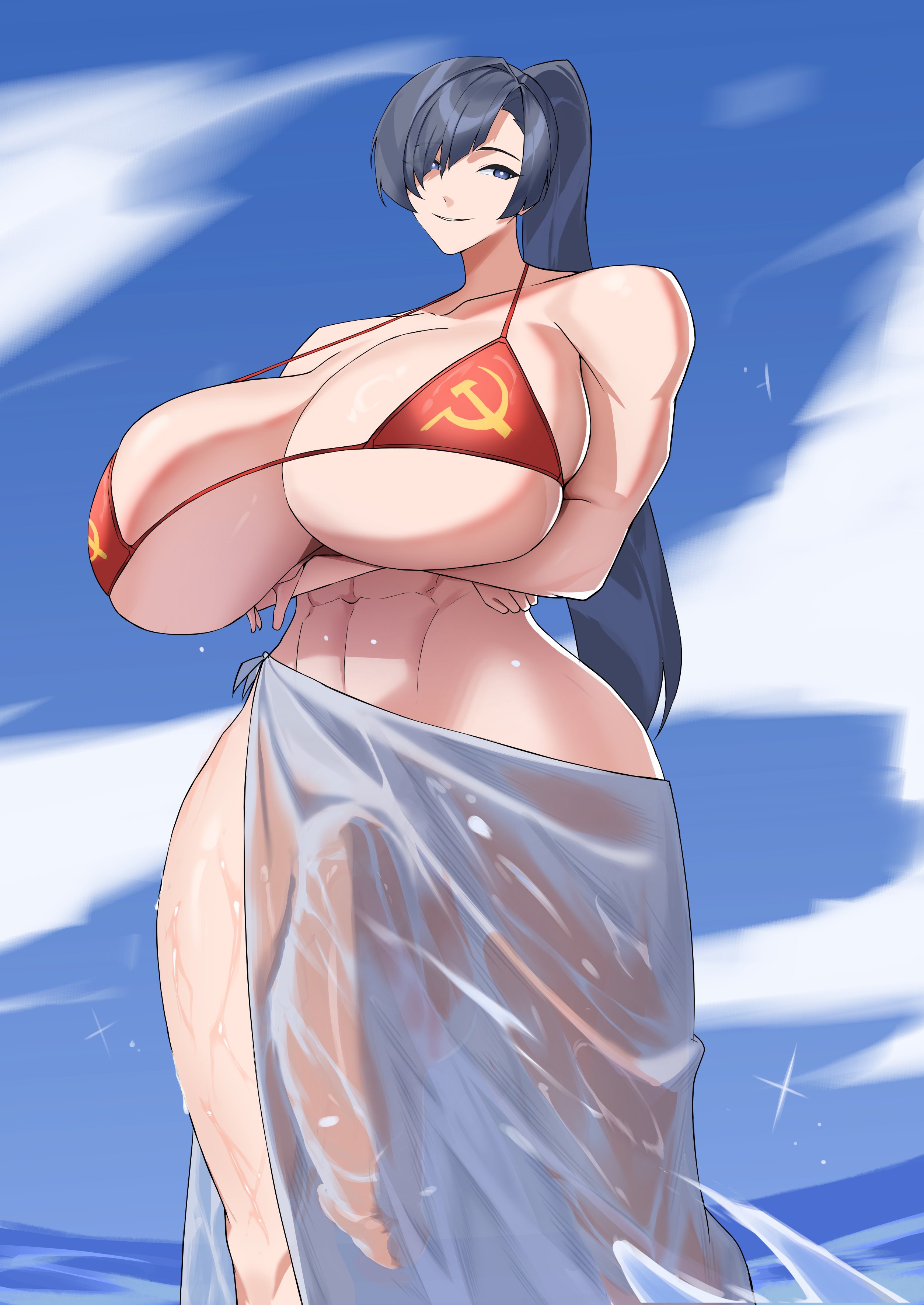1futa, 2d, abs, arms under breasts, athletic, athletic female, bikini, bikini top only, black hair, blue eyes, blue sky, breasts, cloud, cloudy sky, crossed arms, female, female focus, futa only, futanari, hammer and sickle, huge breasts, hung futa, intersex, large breasts, large penis, long hair, long ponytail, muscular, muscular female, muscular legs, muscular thighs, ocean, ocean background, original, original character, penis, ponytail, russian, sarong, skimpy, skimpy clothes, skimpy outfit, sky, smile, smug, smug face, soviet, soviet flag, soviet flag bikini, soviet union, standing, standing in water, standing position, swimsuit, thick thighs, thighs, towel, towel around waist, valentina (nuclear-il2), wide hips