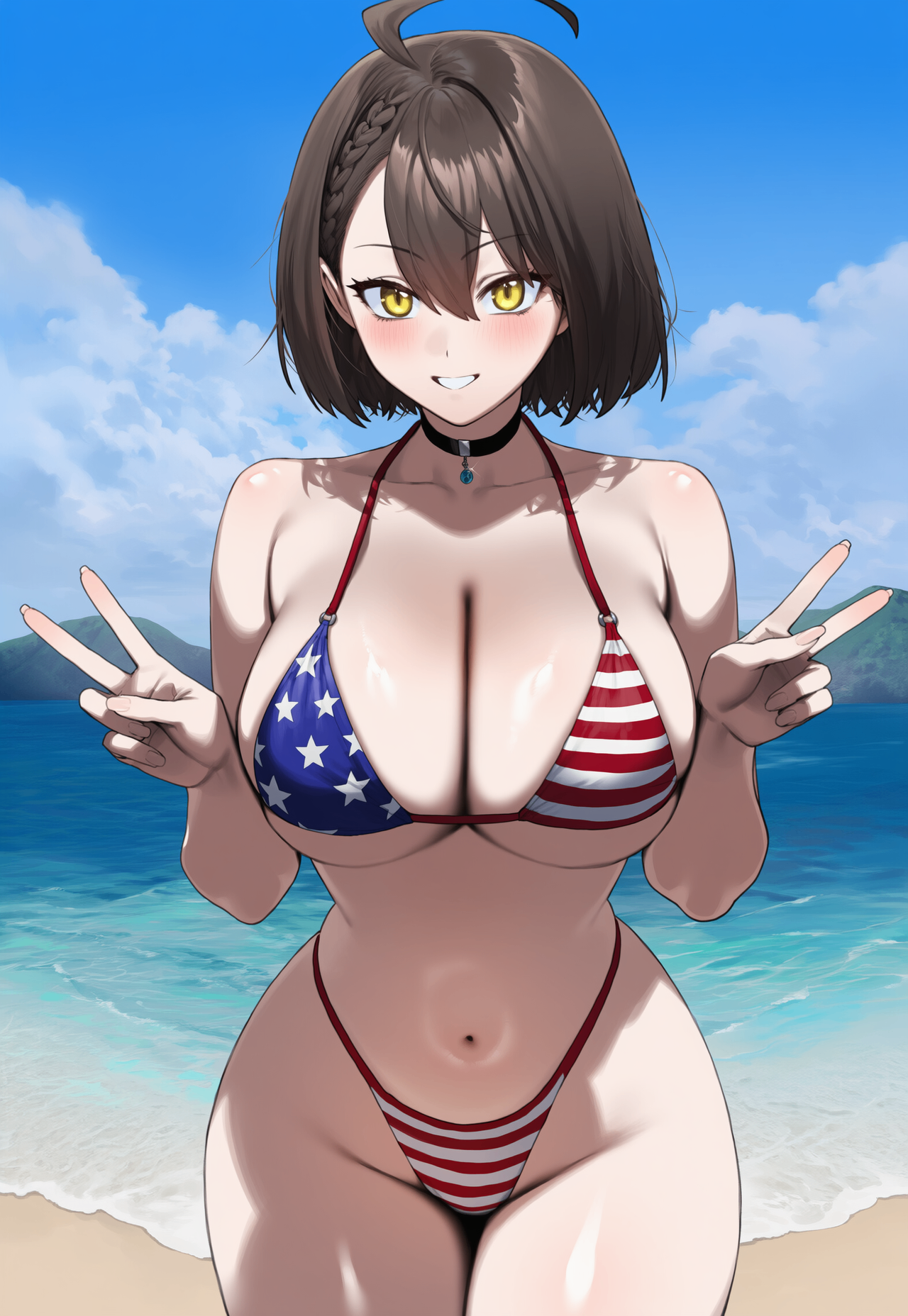 1girls, ai generated, american flag bikini, azur lane, baltimore (azur lane), beach, big breasts, bikini, breasts, brown hair, female, female focus, hips, huge breasts, large ass, light-skinned female, navel, short hair, truck kun, yellow eyes