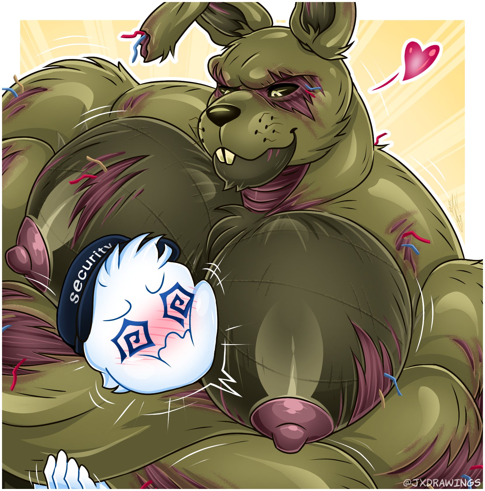 animatronic, anthro, bara, big pecs, blush, blushing, face in pecs, five nights at freddy's, five nights at freddy's 3, fnaf, fur, furry, gay, green body, green skin, human, humanoid, jv draws, jx drawings, jxdrawings, looking down, male, male only, muscular, muscular male, night guard (fnaf), nipples, pecs, pink nipples, rabbit, robot, scottgames, smaller male, springtrap, springtrap (fnaf), yaoi