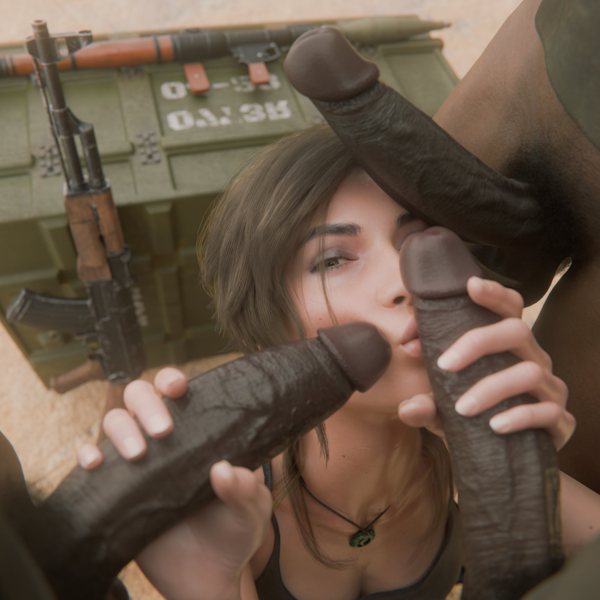 1girls, 3boys, 3d, 4some, africa, african, african male, ak-47, bazooka, blowbang, british, british female, brown hair, cabezadeperro00, cock worship, crate, dark skin, dark-skinned male, erection, eyeshadow, foursome, generic dark-skinned-muscular male, grabbing penis, guns, holding penis, imminent oral, interracial, kissing penis, lara croft, lara croft (survivor), light skin, light-skinned female, milking handjob, multiple penises, penis, pubic hair, rpg, skin contrast, skin tone difference, smooch, stroking penis, surrounded by penises, tomb raider, tomb raider (survivor), veiny penis, weapons