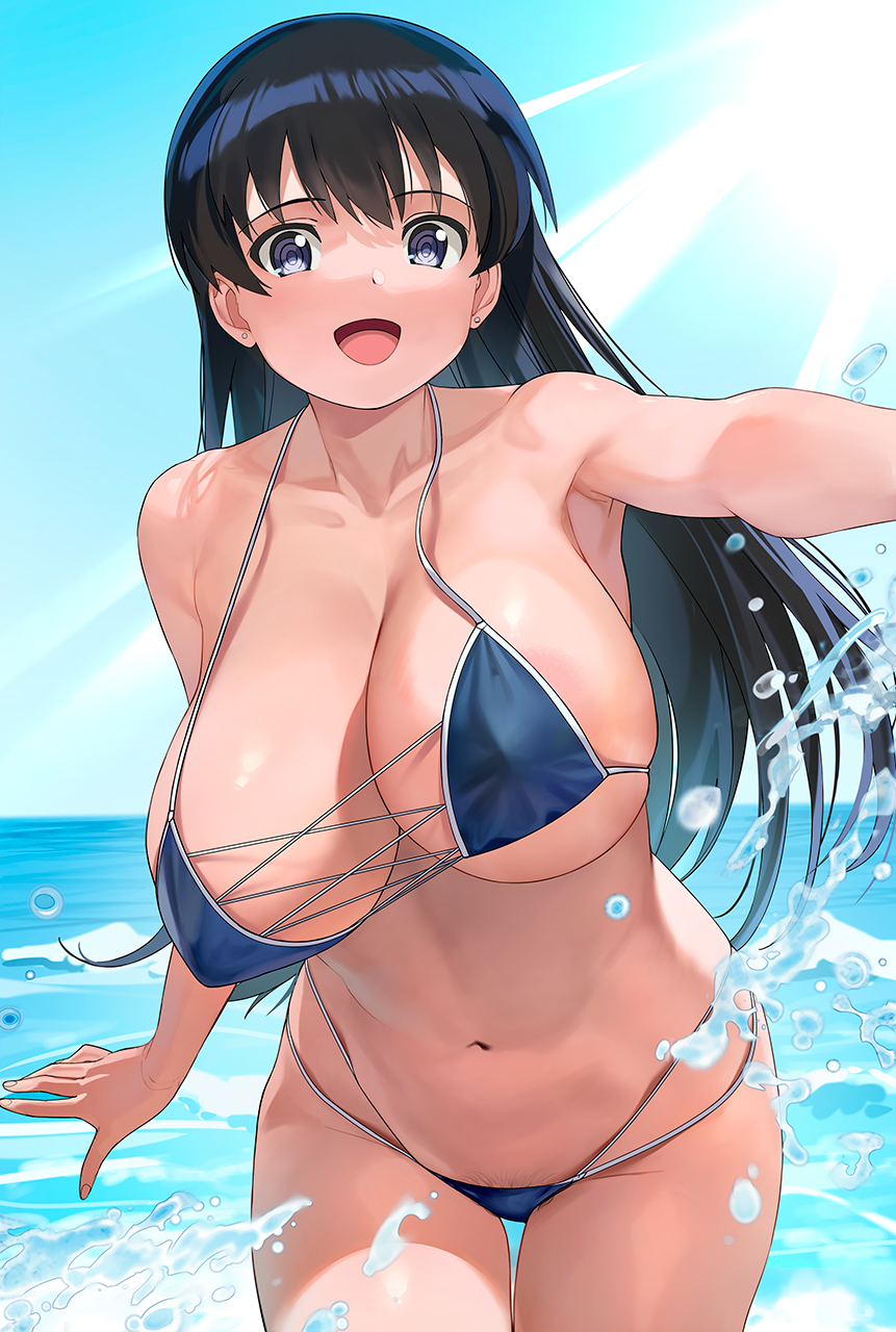 :d, 1girls, a1, a1 (initial-g), arato nagi, bikini, black hair, blue bikini, blue sky, bouncing breasts, breasts, cleavage, commentary request, day, female, highres, hourglass figure, huge breasts, human, human female, large breasts, light-skinned female, long hair, navel, ocean, open mouth, revision, ruri no houseki, sky, slim waist, smile, solo, standing, stomach, swimsuit, thick thighs, thighs, tongue, very long hair, wide hips