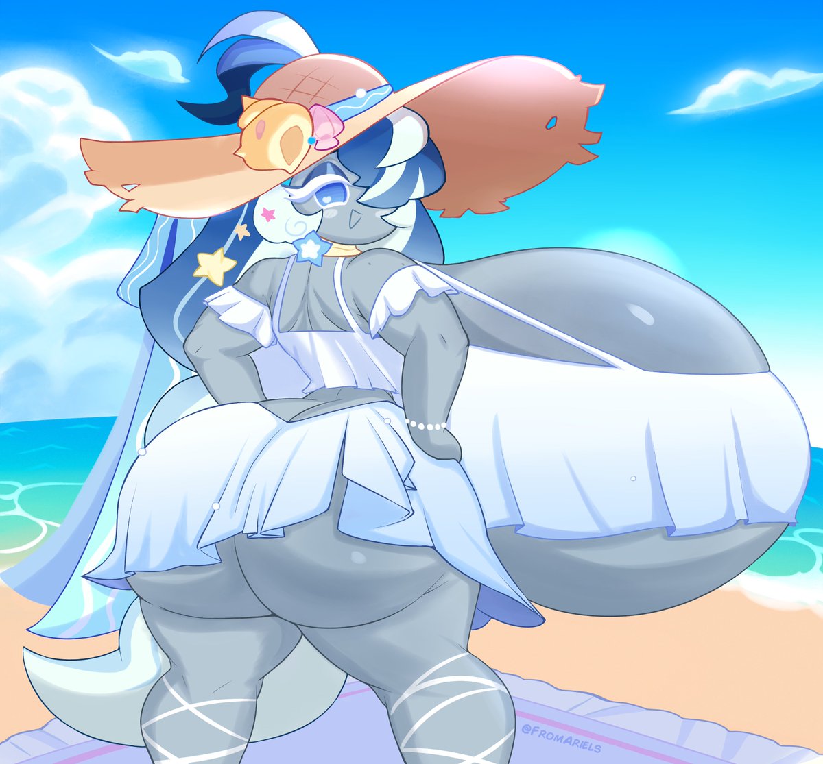 ass focus, beach, blue body, blue eyes, blue skin, blue whale cookie, breasts, cookie run, cookie run ovenbreak, cute, cute face, female, fromariels, hyper, hyper ass, hyper breasts, tits focus