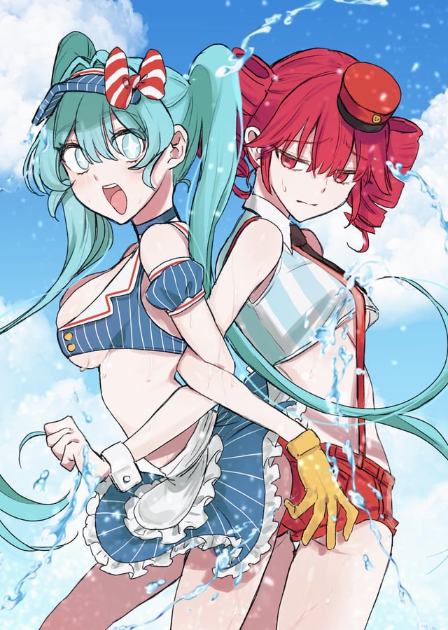 2d, 2d (artwork), 2girls, apron, aqua eyes, aqua hair, ass, back-to-back, bare shoulders, big breasts, blue eyes, blue hair, blue sky, booty shorts, bow, breasts, cleavage, cleavage overflow, clothed, clothed female, clothing, cloud, cowboy shot, crop top, cropped shirt, curly hair, day, detached cuffs, drill hair, embarrassed, embarrassed female, female, female only, frilled skirt, frills, gloves, hair bow, happy, happy female, hat, hatsune miku, kasane teto, large breasts, locked arms, long hair, looking at viewer, medium breasts, mesmerizer (vocaloid), mesmerizer miku, mesmerizer teto, midriff, minishorts, miniskirt, multiple girls, mv character, necktie, nervous, nsnm a, open mouth, outdoors, petite, petite body, petite female, red eyes, red hair, red headwear, sfw, shirt, short, short shorts, shorts, side view, skindentation, skinny, skinny female, skirt, sky, sky background, sleeveless, sleeveless shirt, slim girl, slim waist, small breasts, smile, sparkling eyes, star-shaped pupils, striped, striped shirt, suspender shorts, suspenders, synthesizer v, thigh gap, thighs, twin drills, twintails, underboob, unnatural hair color, utau, very long hair, visor cap, vocaloid, waist apron, waitress, waitress uniform, water, wrist cuffs, yellow gloves