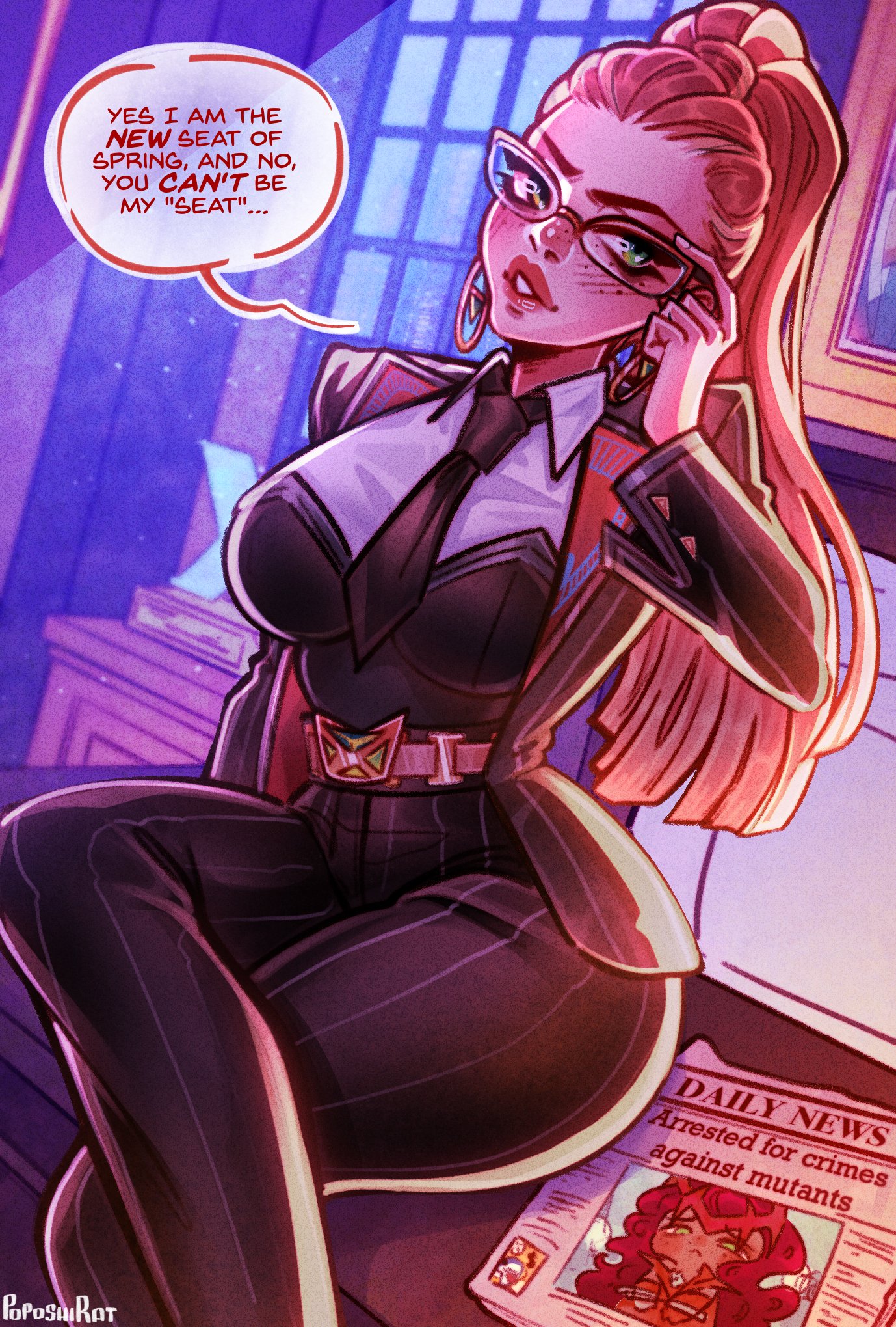 1girls, 2026, 2d, 2d (artwork), adjusting eyewear, alternate version available, artist name, ass, clothed, clothed female, denying, desk, dominant female, earrings, facesitting request, female, female only, fully clothed, glasses, jean grey, looking at viewer, marvel, marvel rivals, mature, mature female, mutant (marvel), no sex, office clothing, office lady, offscreen character, orange hair, phoenix (marvel rivals), phoenix (seat of spring), phoenix (x-men), ponytail, poposhirat, questionable, requesting domination, sfw, solo, solo female, talking to viewer, teacher, teacher outfit, thick thighs, thighs, tie, tight clothing, x-men