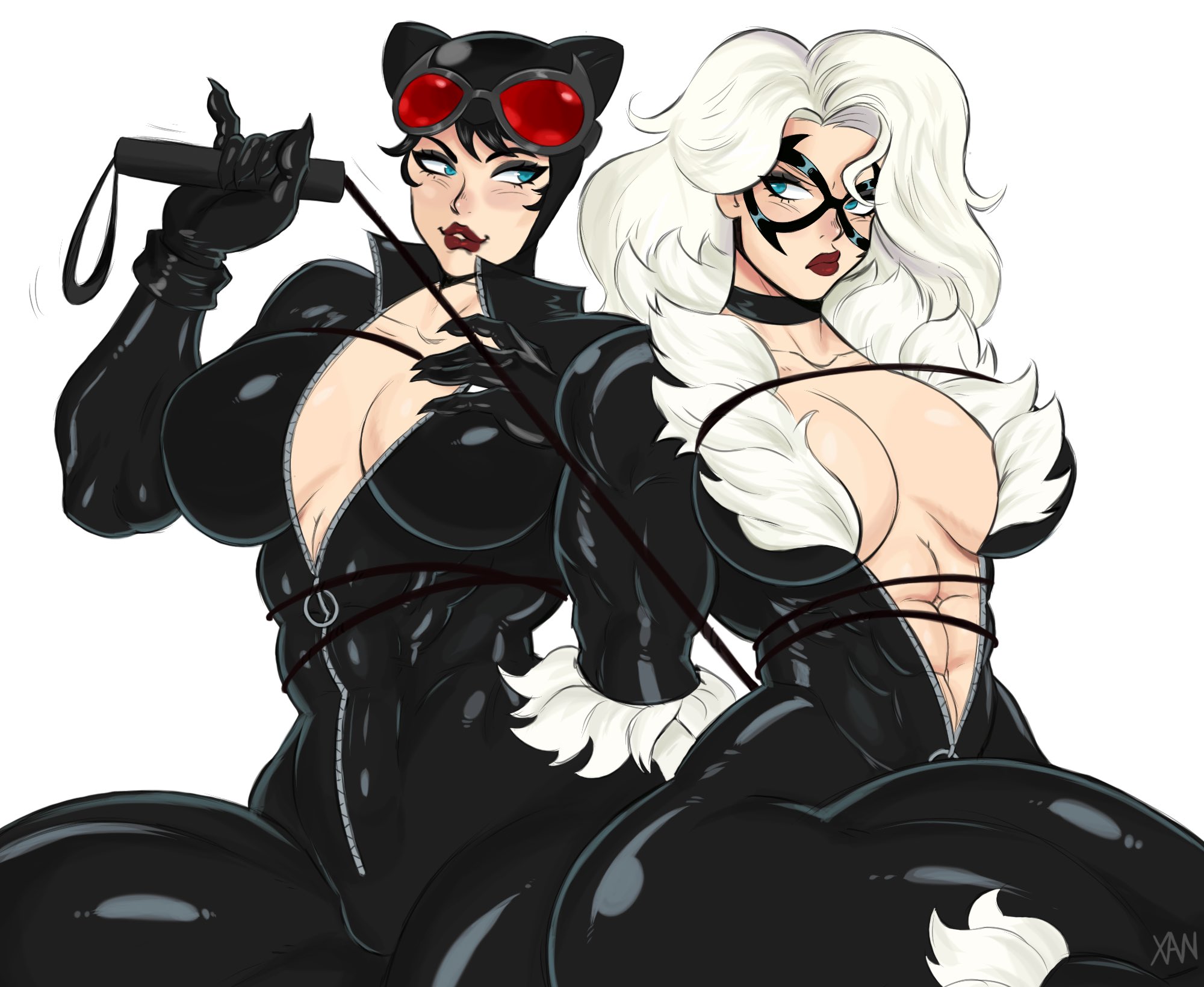 2026, 2girls, abdominals, abs, arms behind back, athletic, athletic female, batman (series), big breasts, black cat (marvel), black hair, blue eyes, bodysuit, bondage, bound, bound arms, breasts, bursting breasts, cat ears, catwoman, color, colored, commission, commission art, crossover, curvaceous, curvaceous body, curvaceous female, curvaceous figure, curvaceous hips, curvy, curvy body, curvy female, curvy figure, curvy hips, dc, dc comics, dc vs. marvel, domino mask, eyelashes, eyemask, felicia hardy, female, female only, gloves, hips, huge breasts, large breasts, light skin, light-skinned female, long hair, marvel, marvel comics, mask, masked, masked female, massive breasts, open bodysuit, open clothes, pinup, red lipstick, seductive, seductive look, seductive pose, selina kyle, shiny, shiny breasts, shiny clothes, shiny skin, short hair, skin tight, spider-man (series), superheroine, thick, thick breasts, thick hips, thick lips, thick thighs, thief, tight clothes, tight clothing, unzipped, unzipped bodysuit, voluptuous, voluptuous female, whip, white background, white hair, wide hips, xanman art, zipper, zipper down, zipper pull tab