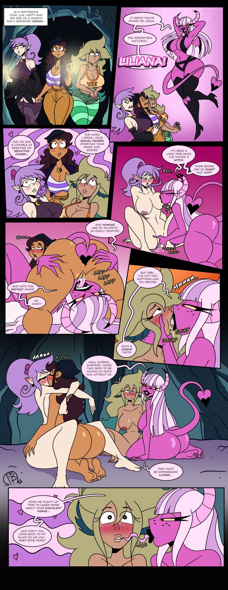 4girls, amity blight, areola, arms around neck, arms around partner, ass, beige hair, big ass, big breasts, blush, blush lines, breasts, brown hair, brown skin, canon couple, cave, closed eyes, comic, comic panel, demon, demon girl, dialogue, disney, eyelashes, female, fingering, fingering partner, fingering pussy, freckles on face, french kiss, french kissing, frostbiteboi, group, hands on cheeks, hands on face, heart eyes, heart-shaped pupils, kissing partner, licking cheek, licking lip, licking pussy, light skin, long tongue, looking at another, luz noceda, medium breasts, moaning, moaning in pleasure, naked, naked female, nipples, original character, pink hair, pink skin, pleasured face, pointy ears, poking ass, pussy, saliva string, saliva trail, seductive, seductive gaze, staring up, succubus, succubus horns, succubus tail, succubus wings, sucking breasts, sucking nipple, tail in ass, tail on ass, tanned skin, text, the owl house, the owl house (finale), thick ass, thick thighs, tongue, tongue kiss, tongue kissing, tongue licking, tongue out, vee (the owl house), vee (the owl house) (human), white skin, yuri