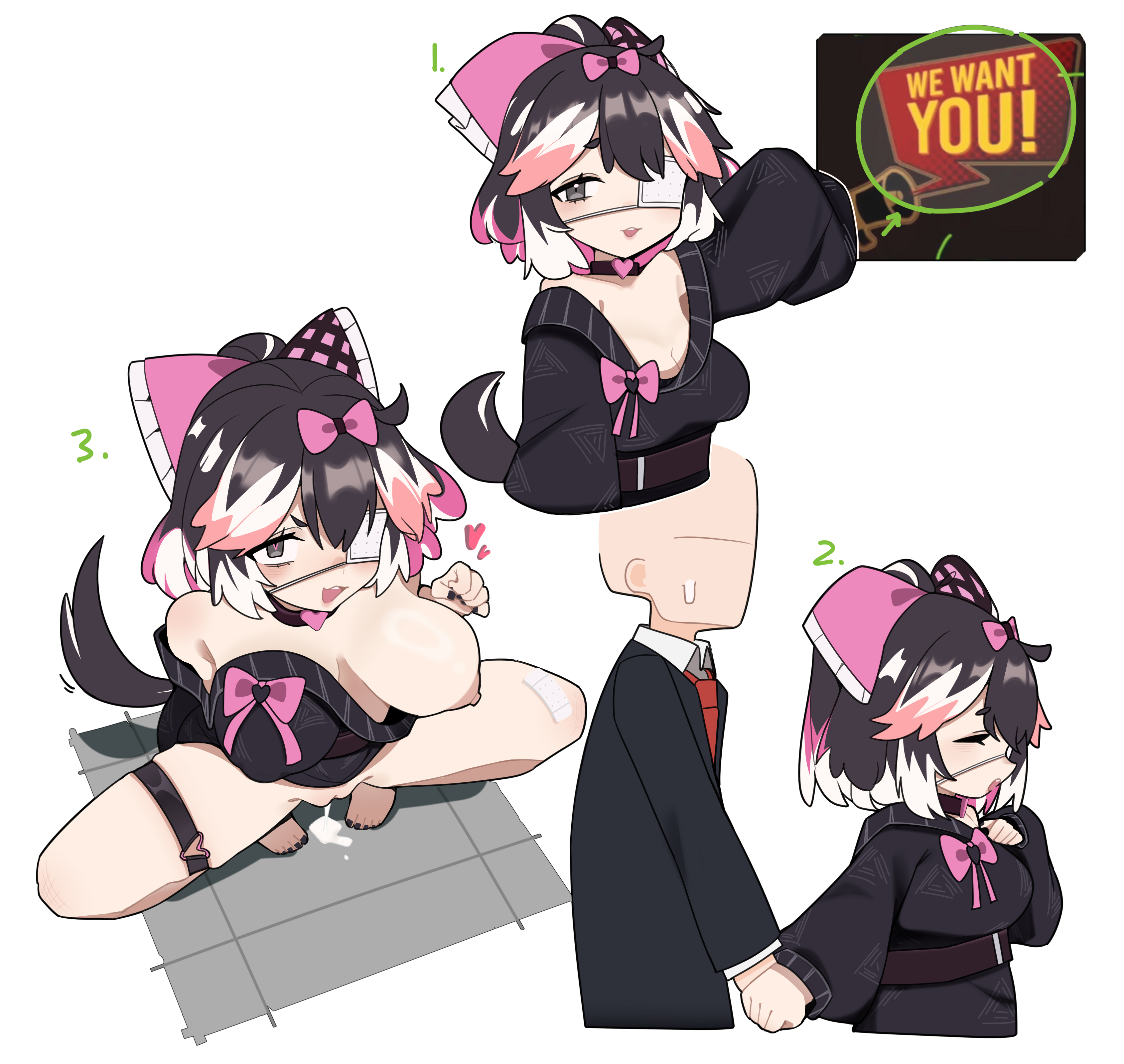 1boy, 1girls, big breasts, black clothing, black hair, blush, bow, collar, cum, eyepatch, heart, heart-shaped pupils, inviting, jang schna, leaking cum, limbus company, looking at viewer, looking up, nipples, o-0, one breast out, one eye obstructed, partially clothed, pink hair, presenting, project moon, pussy, short hair, smile, squatting, tail, thick thighs, white hair