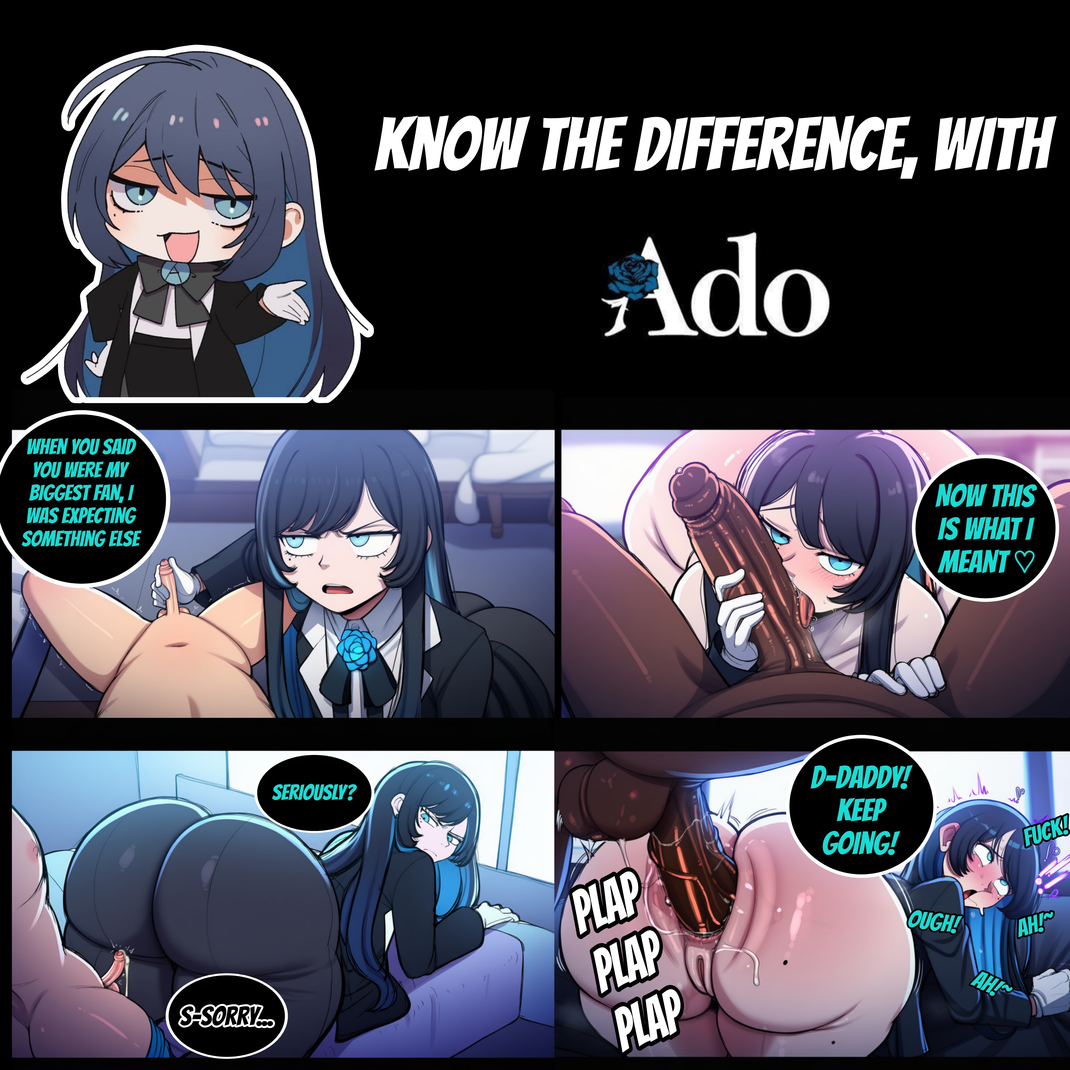 1girls, 2boys, ado (music-artist), ado (utaite), ahe gao, ai generated, black clothing, black hair, blue eyes, comparing penis, cuckold, cum, cumshot, dark-skinned male, disgusted, light-skinned female, netorare, ntr, penis size difference, raceplay, small penis, small penis humiliation