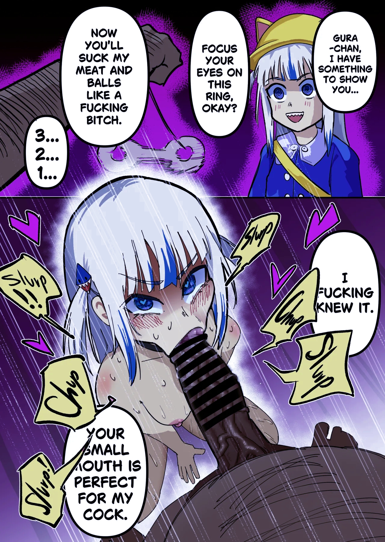1boy, 1girls, blacked, censored, english text, female, gawr gura, harlotlive, hentai, hololive, hololive english, hypnosis, hypnotized gura loves the meat, interracial, male, manga, penis, small breasts, text, virtual youtuber, yagooner