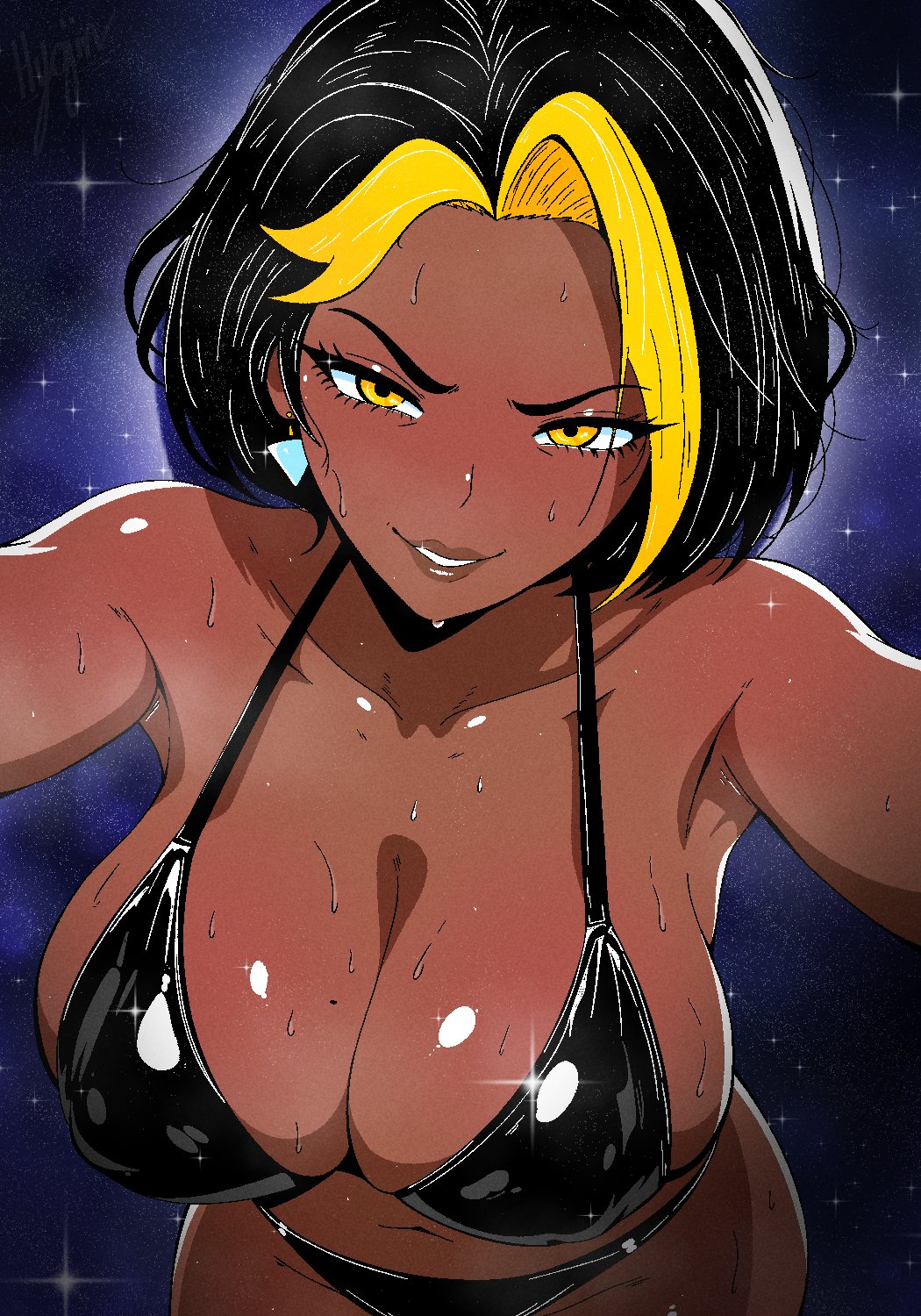1girls, armpits, bikini, black bikini, black hair, blonde hair, blush, breasts, brown eyes, brown hair, cleavage, collarbone, commentary, covered nipples, dark skin, dark-skinned female, desi, domina, earrings, english commentary, gloves, highres, hyojin en, in heat, jewelry, large breasts, long hair, looking at viewer, mole, mole on breast, multicolored hair, overwatch, short hair, smile, solo, streaked hair, sweat, swimsuit, two-tone hair