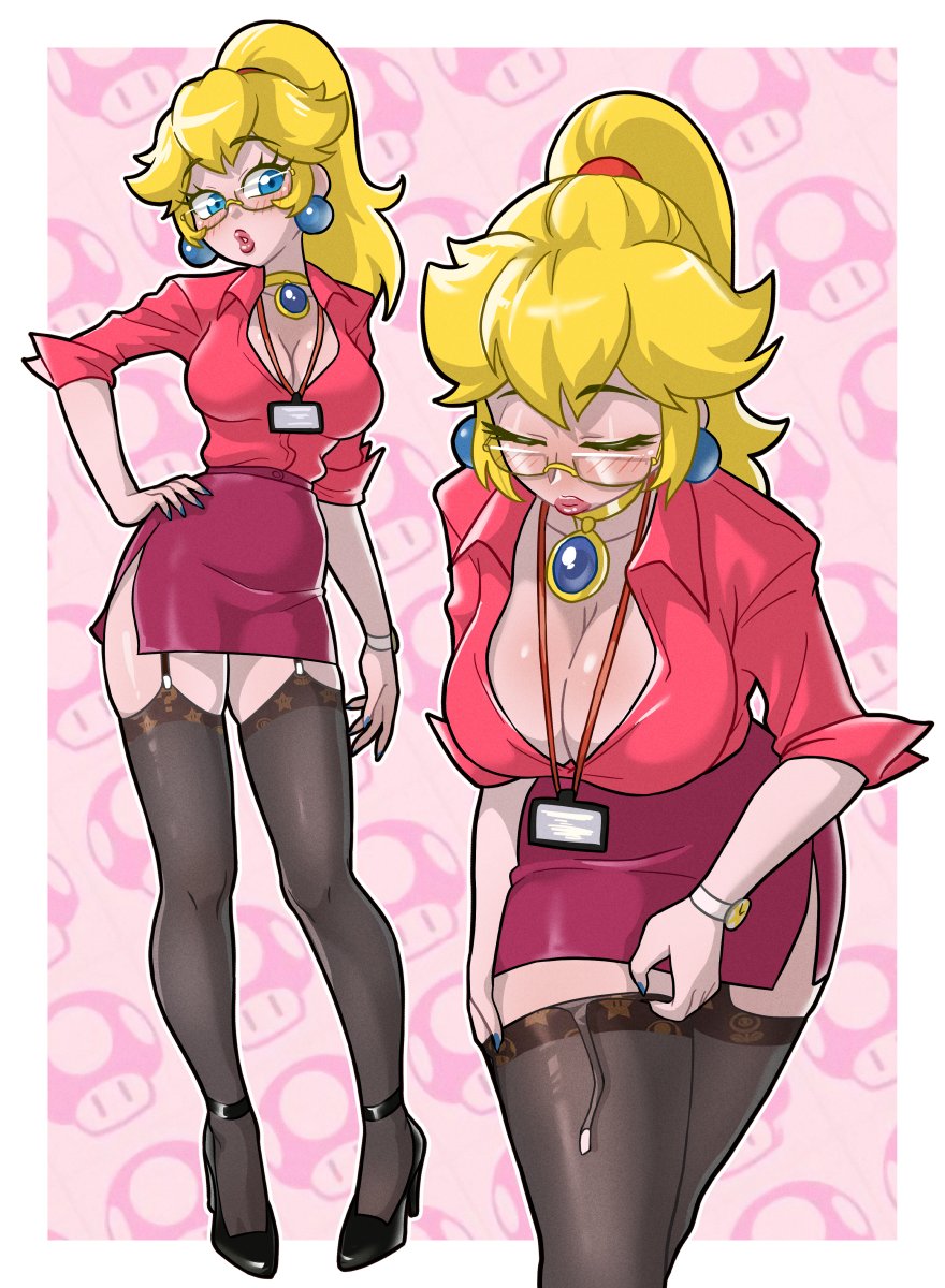 1girl, 1girls, blonde hair, blouse, blue eyes, blush, breasts, centinel303, cleavage, earrings, female, female only, garter straps, glasses, high heels, jewelry, lanyard, large breasts, lipstick, makeup, mario (series), miniskirt, nail polish, nintendo, office, office clothing, office lady, painted fingernails, painted nails, ponytail, princess, princess peach, side slit, skirt, sphere earrings, ta-na, tana351, thick lips, thighhighs, thighs, watch