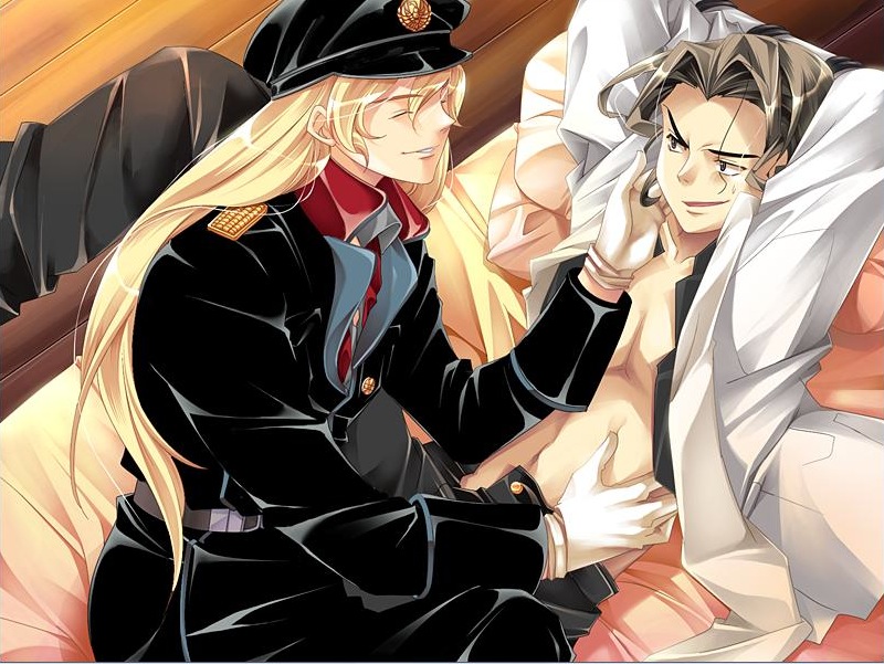 2boys absolute_obedience_(game) bed blonde_hair bondage closed_eyes gloves long_hair louise_hardwick male multiple_boys open_clothes open_shirt shirt smirk spread_legs sweatdrop tied uniform werner_herzog yaoi zettai_fukuju_meirei