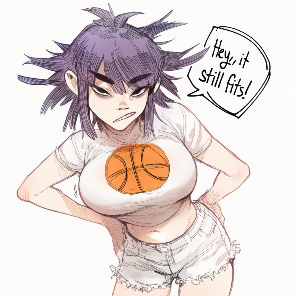 1girls, ai generated, basketball, big breasts, blue hair, breasts, denim shorts, gorillaz, lapis slopzuli, noodle (dare), noodle (gorillaz), solo, solo female, speech bubble, uravity98114, white background