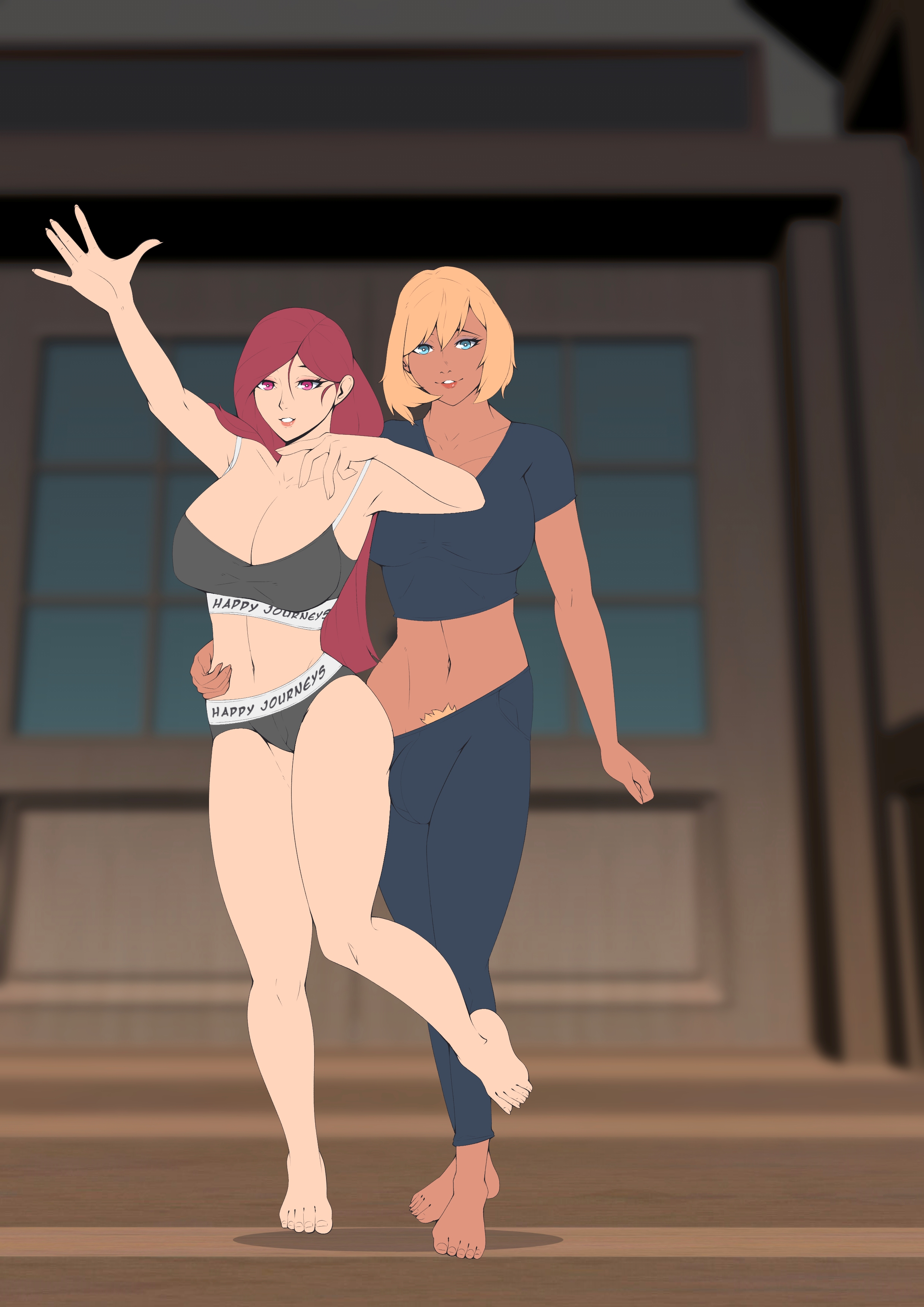 1futa, 1girls, artist request, barefoot, blonde hair, blue eyes, bulge, clothed, cucked by futa, cuckolding, dark-skinned female, dark-skinned futa, futadom, futanari, hand on hip, happy journeys, large breasts, netorare, ntr, pink eyes, pubic hair, pubic hair peek, red hair, waving at viewer