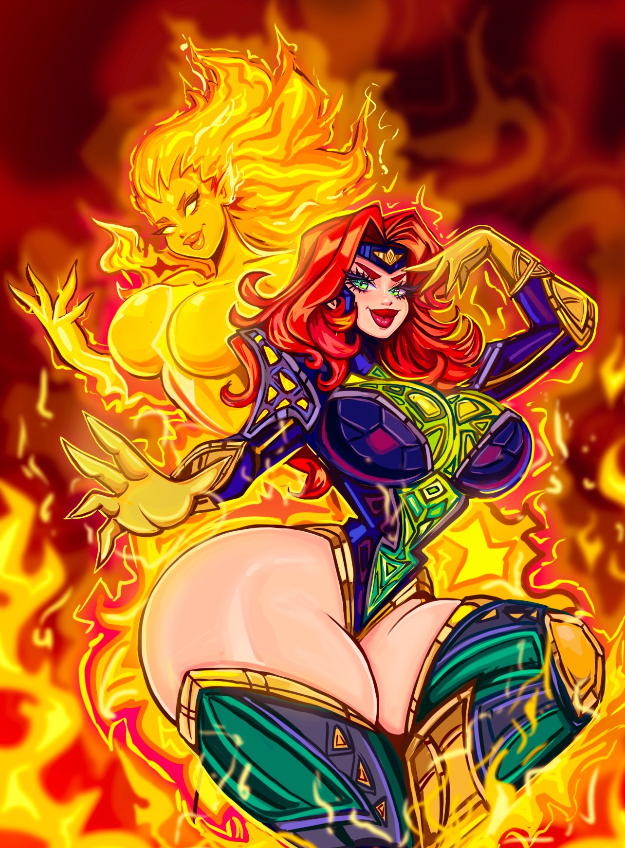 2d, 2girls, big breasts, female, female only, fully clothed, huge thighs, jean grey, marvel, marvel comics, marvel rivals, massive thighs, mutant (marvel), phoenix (marvel rivals), phoenix (x-men), phoenix force (marvel rivals), red hair, solo, theartofmathew, thick thighs, thighhighs, thighs, thin waist, tiny waist, voluptuous, voluptuous female, x-men