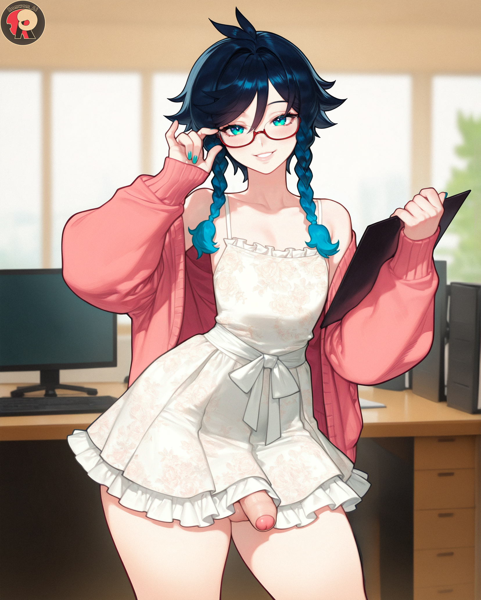 1boy, ai generated, blue eyes, blue hair, dress, femboy, femboy only, feminine, feminine faced male, feminine male, genshin impact, girly, girly boy, glasses, light skin, light-skinned femboy, light-skinned male, long hair, looking at viewer, male, male only, office, only male, penis, penis visible, ramwam, trap, twintails, uncut, uncut cock, uncut penis, venti (genshin impact)