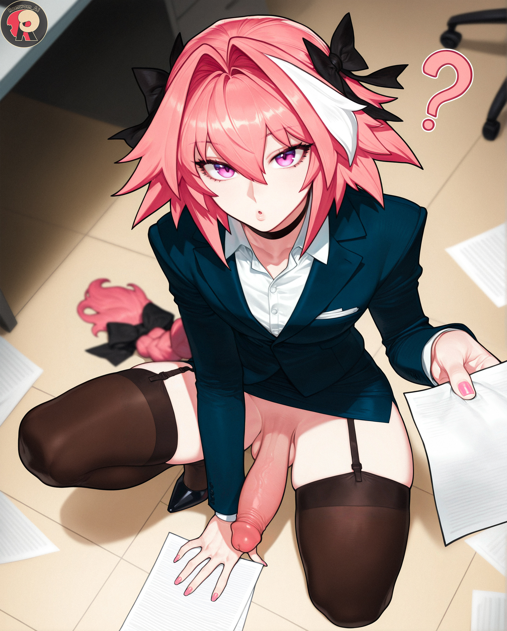 1femboy, ai generated, astolfo (fate), astolfo (fate/apocrypha), fate (series), fate/apocrypha, fate/grand order, femboy, femboy only, feminine, feminine body, feminine faced male, feminine male, girly, girly boy, hair between eyes, kneeling, long hair, long penis, looking at viewer, no panties, no underwear, office, office clothing, penis, penis out, pink eyes, pink hair, question mark, ramwam, trap, veiny, veiny penis