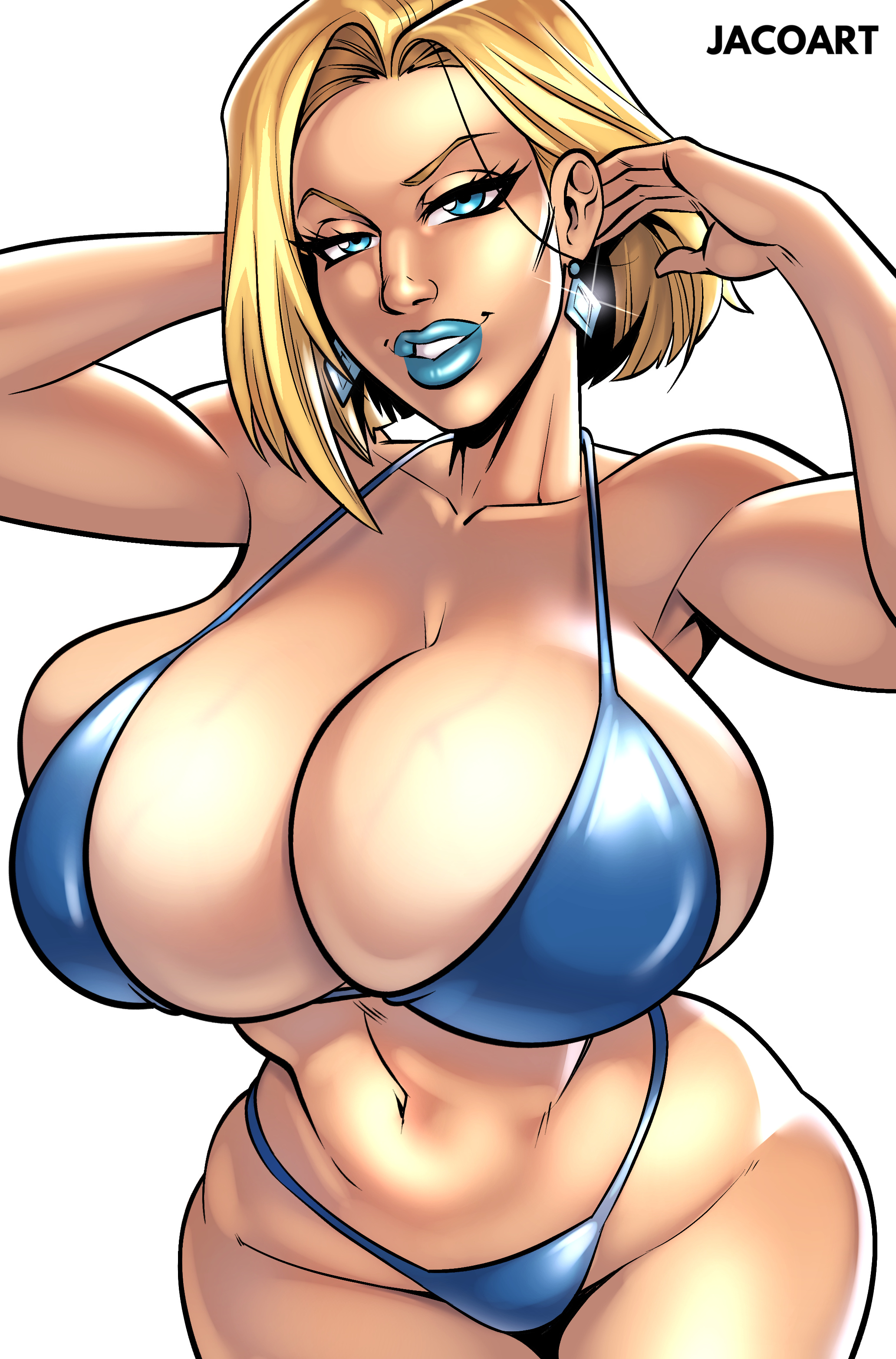 bikini, blonde female, blonde hair, blue eyes, blue lipstick, emma frost, iacolare, jacogram, lipstick, looking at viewer, marvel, marvel comics, x-men