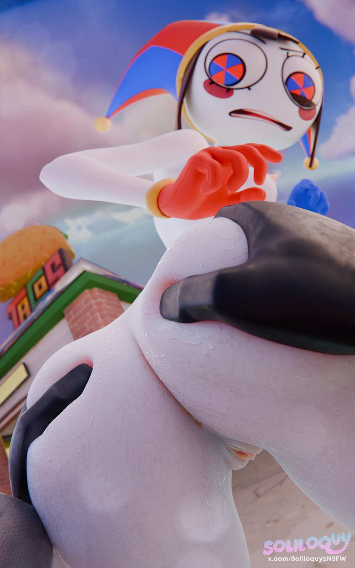 ass, ass grab, crossover, fortnite, glitch productions, looking at viewer, looking back, nude, nude female, pomni, pomni (tadc), pomni (the amazing digital circus), soliloquy, tagme, the amazing digital circus