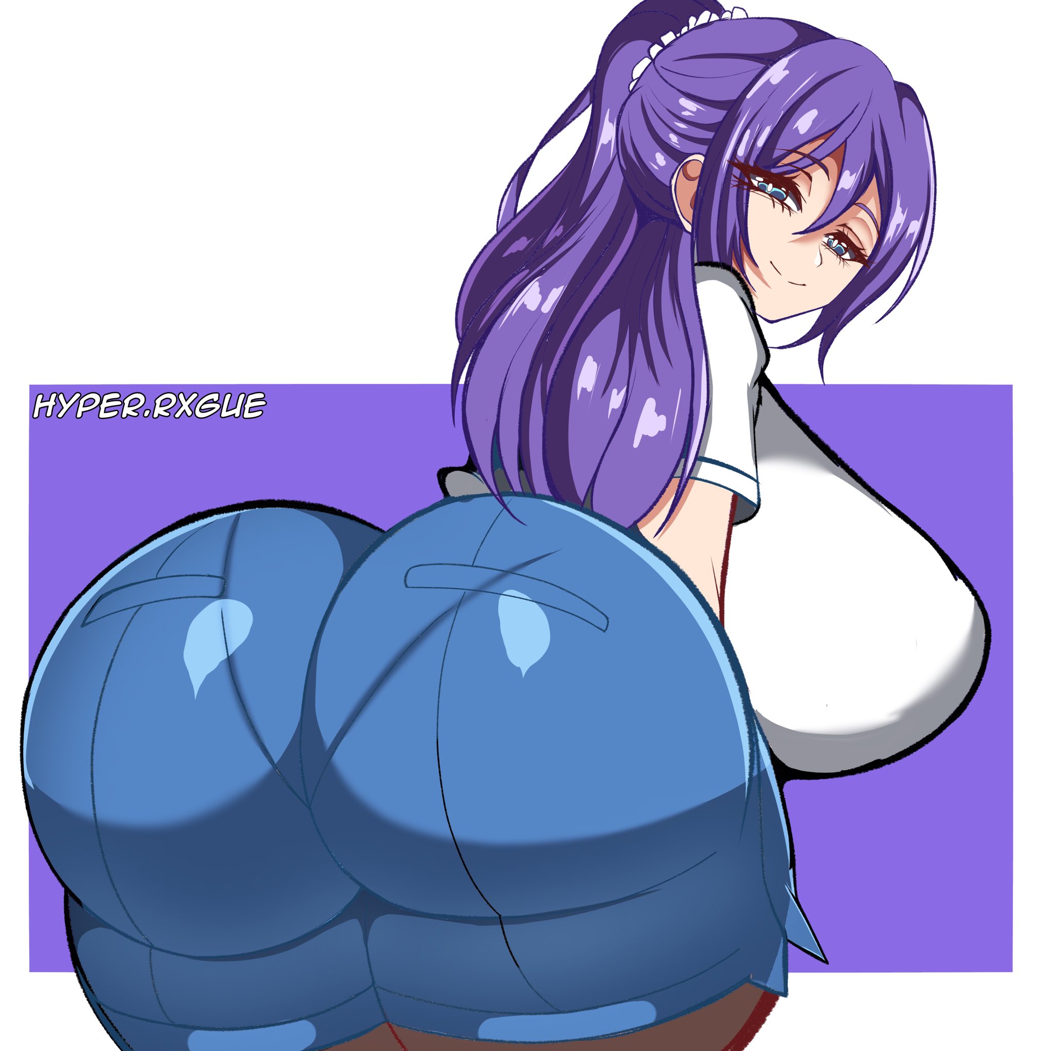 1girls, ass, ass focus, big ass, big breasts, blue eyes, breasts, bubble butt, busty, fat ass, female, female only, gluteal fold, huge ass, huge breasts, hyperrxgue, large ass, large breasts, leggings, looking at viewer, looking back, mankitsu happening, massive ass, massive breasts, pantylines, presenting, presenting hindquarters, purple hair, shirt, skirt, solo, suzukawa rei, thick ass, thick thighs, thunder thighs, underwear outline, wide hips