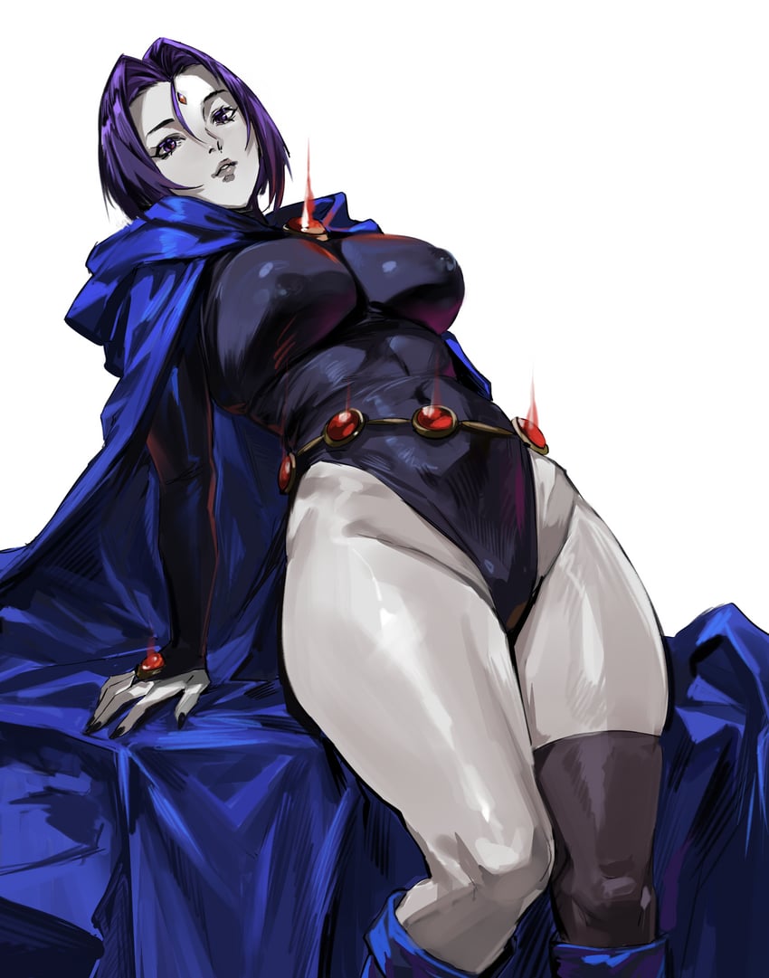 1girls, absurdres, blue cloak, breasts, chest jewel, cloak, dc comics, forehead jewel, goth, goth girl, grey skin, highleg leotard, highres, hood, hood down, hooded cloak, large breasts, leaning back, leotard, looking at viewer, navel, nipples, nipples visible through clothing, purple hair, raven (dc), short hair, single thighhigh, solo, taiyang yu, teen titans, thick thighs, thighhighs, thighs