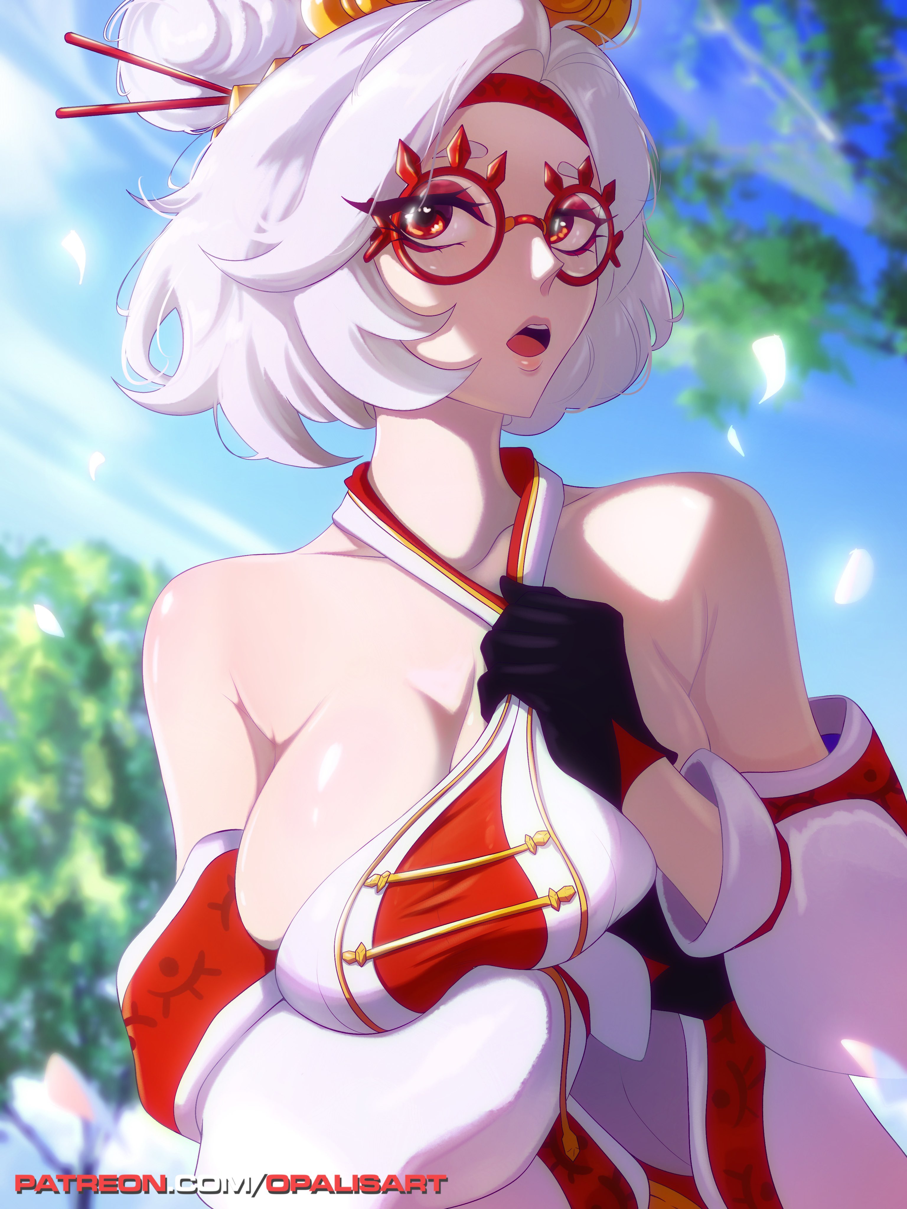 1girls, bare shoulders, big breasts, blurry, breasts, breath of the wild, detached sleeves, female, female only, glasses, gloves, hair ornament, large breasts, looking at viewer, nintendo, opalisart, open mouth, outdoors, purah, purah (tears of the kingdom), red eyes, red-framed eyewear, short hair, solo, tears of the kingdom, the legend of zelda, white hair