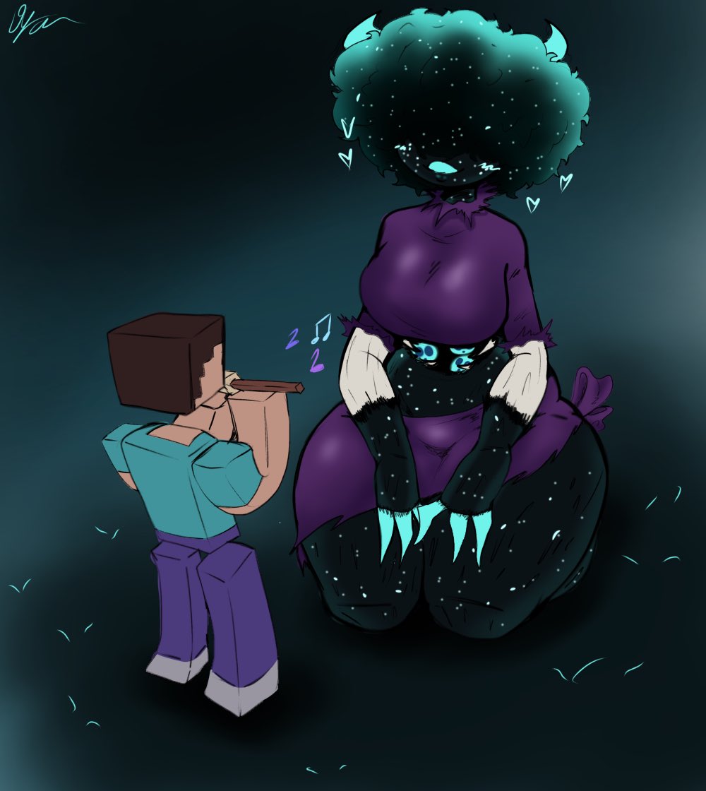 blue lips, blush, giygal, hair covering eyes, minecraft, mommy, rule 63, sfw, size difference, steve (minecraft), warden (minecraft), wholesome