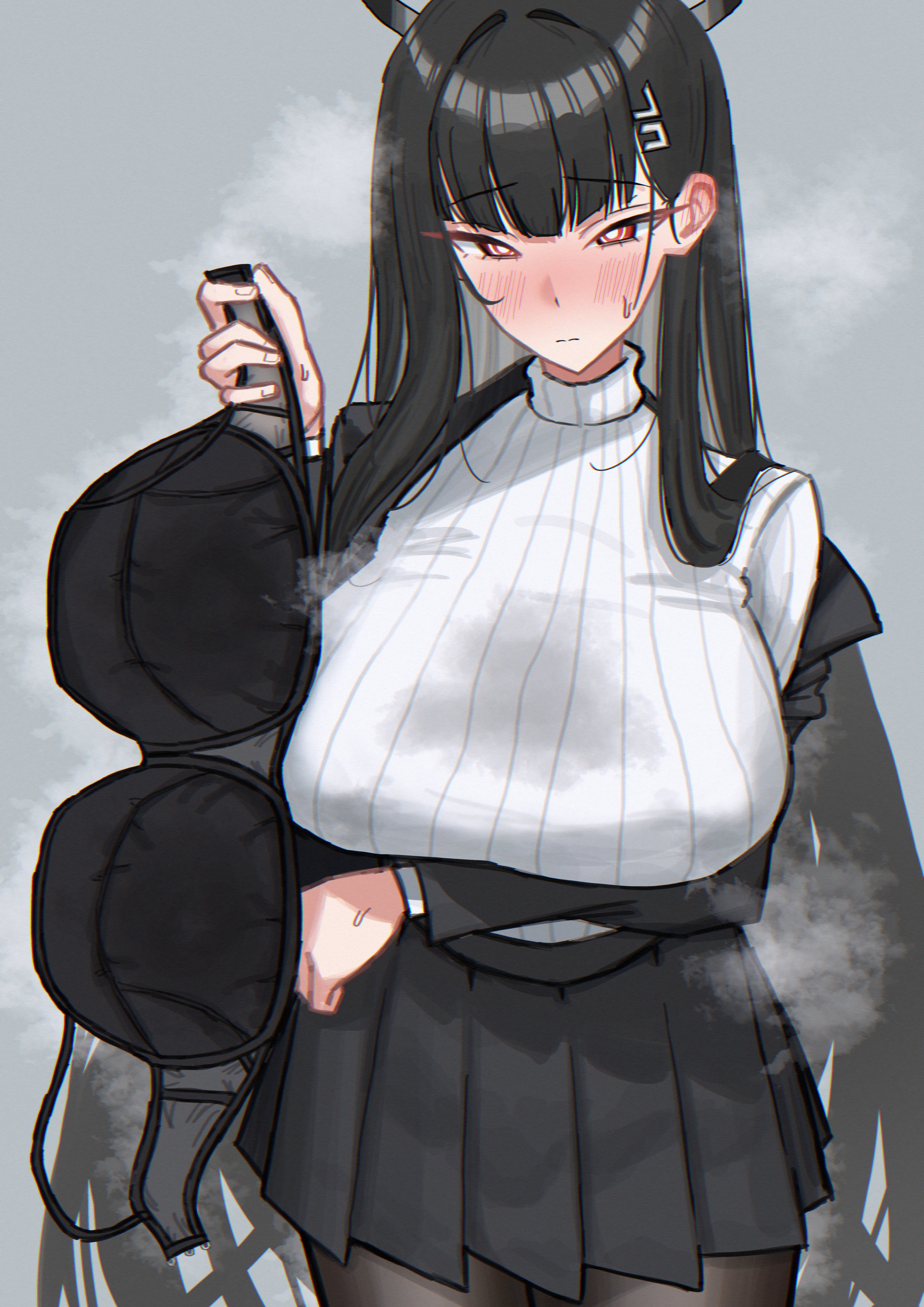 1girls, black bra, black hair, black jacket, black pantyhose, black skirt, blue archive, blunt bangs, blush, bra, bra removed, breasts, covered nipples, cowboy shot, grey background, hair ornament, halo, hi res, huge breasts, looking at viewer, ming go, pantyhose, pleated skirt, red eyes, removing bra under shirt, rio (blue archive), simple background, skirt, solo, solo female, sweat, sweater, turtleneck, underwear, very long hair, white sweater