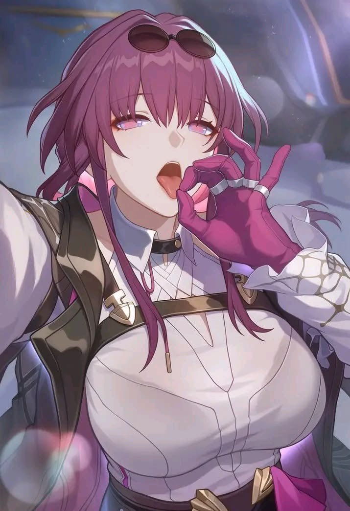 1girls, ai generated, bangs, big breasts, breasts, choker, claw pose, eyebrows visible through hair, eyewear on head, fellatio gesture, female, female only, gloves, honkai (series), honkai: star rail, jacket, kafka (honkai: star rail), large breasts, long hair, looking at viewer, open mouth, purple hair, shirt, solo, tongue, tongue out, white shirt
